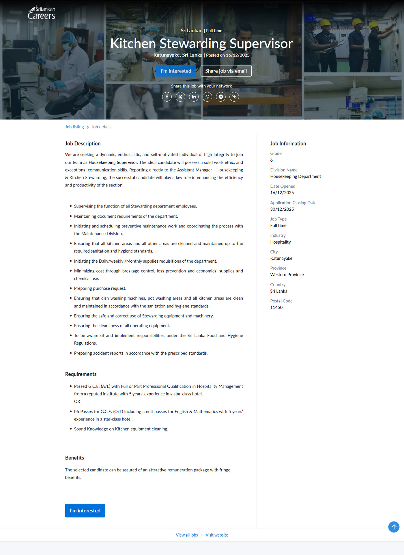 Kitchen Stewarding Supervisor - Sri Lankan Catering