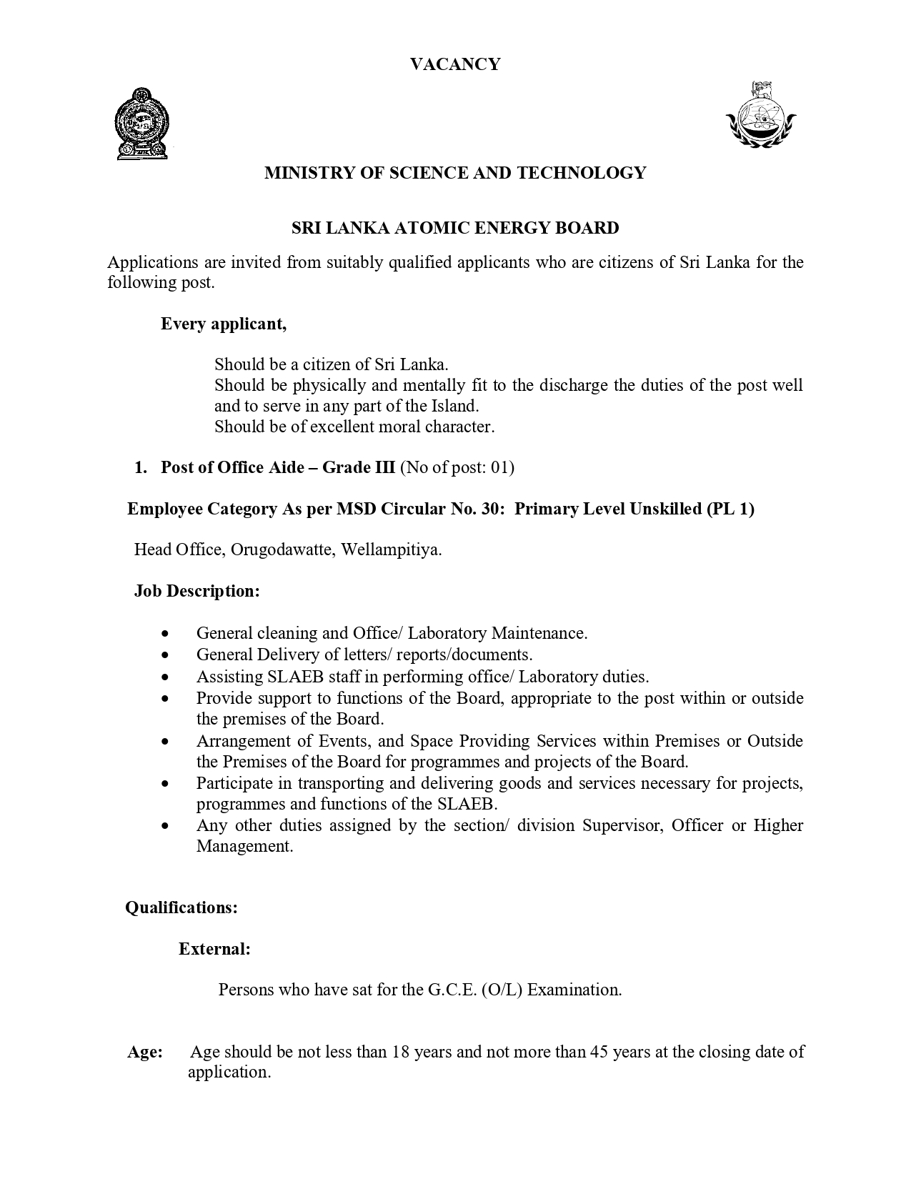 Office Aide - Sri Lanka Atomic Energy Board