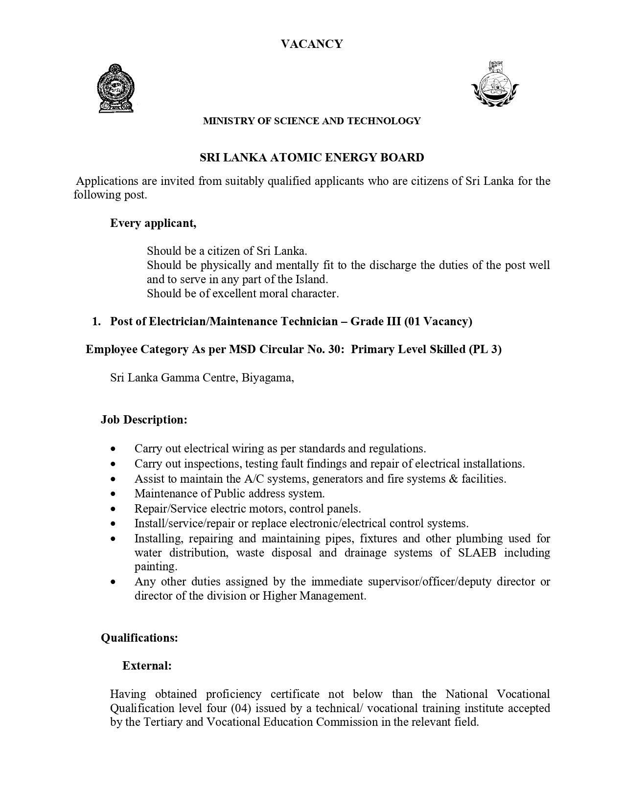 Electrician/Maintenance Technician - Sri Lanka Atomic Energy Board