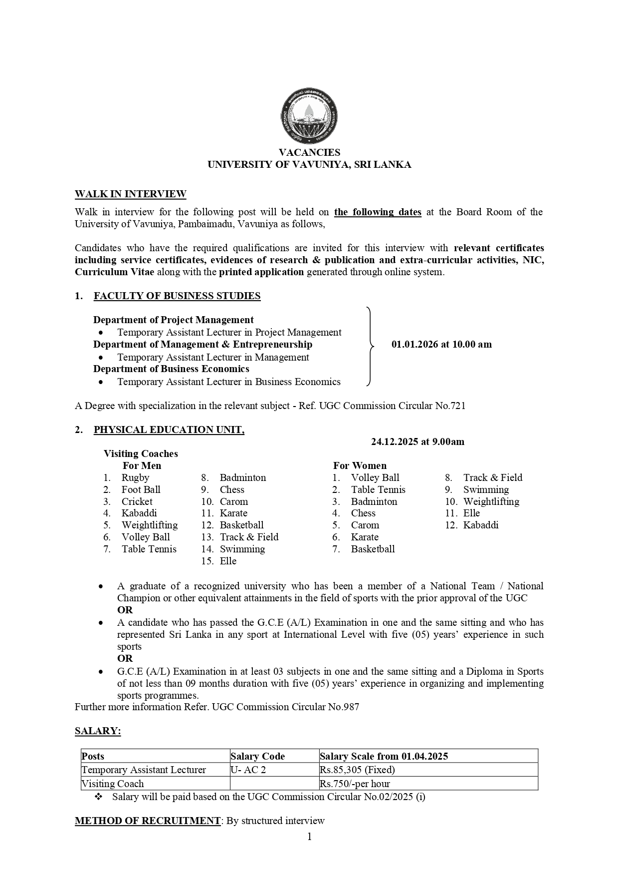 Temporary Assistant Lecturer - University of Vavuniya