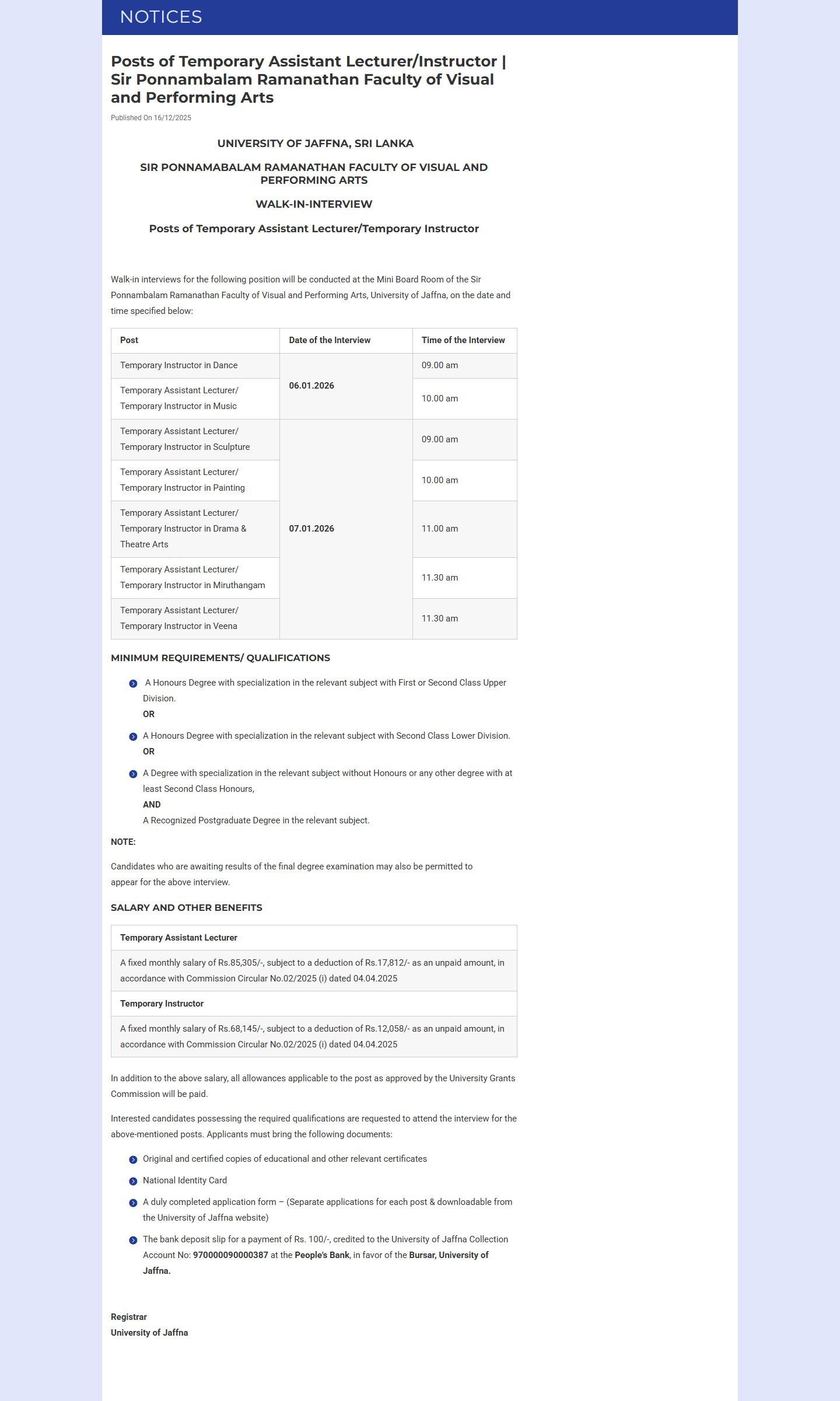 Temporary Assistant Lecturer, Temporary Instructor - University of Jaffna