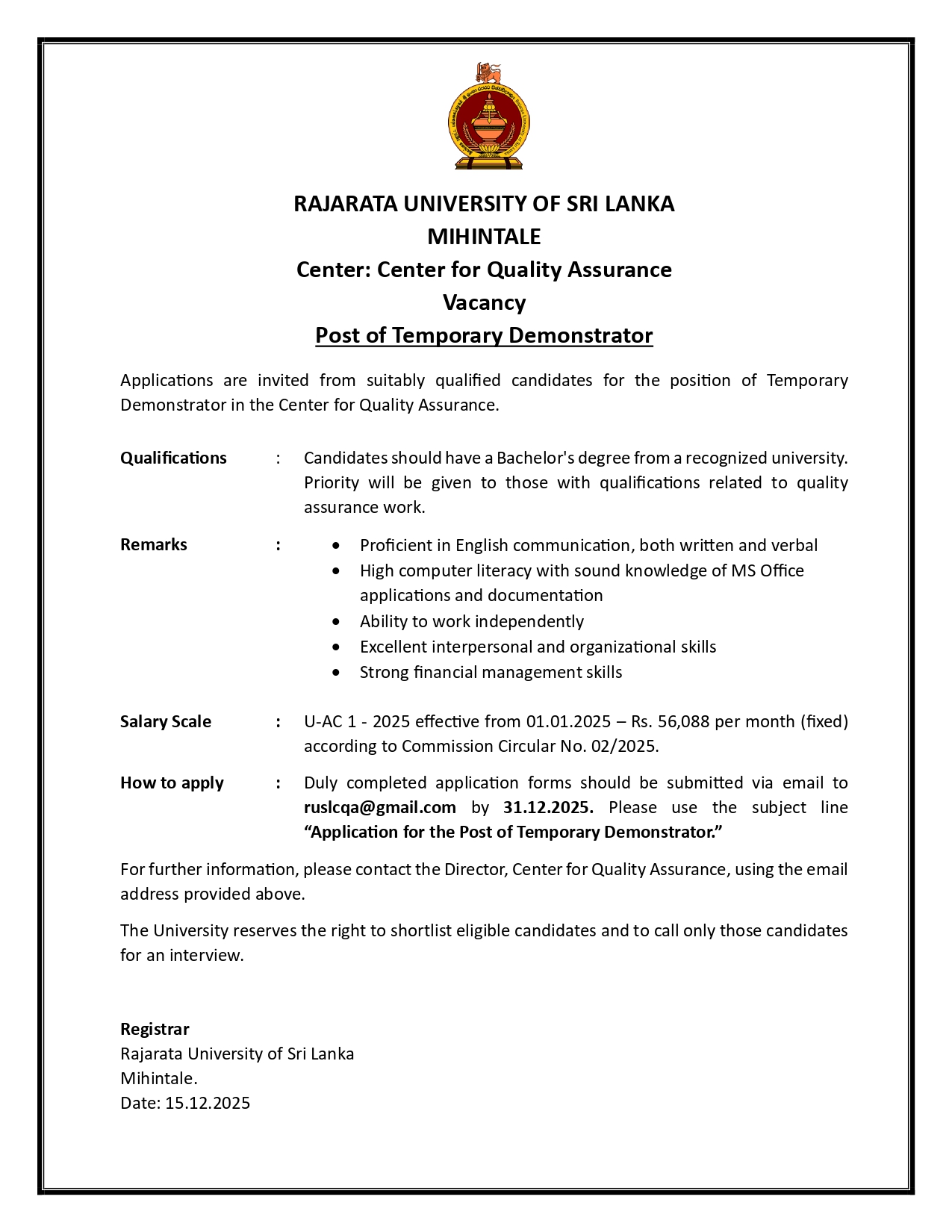Temporary Demonstrator - Rajarata University of Sri Lanka