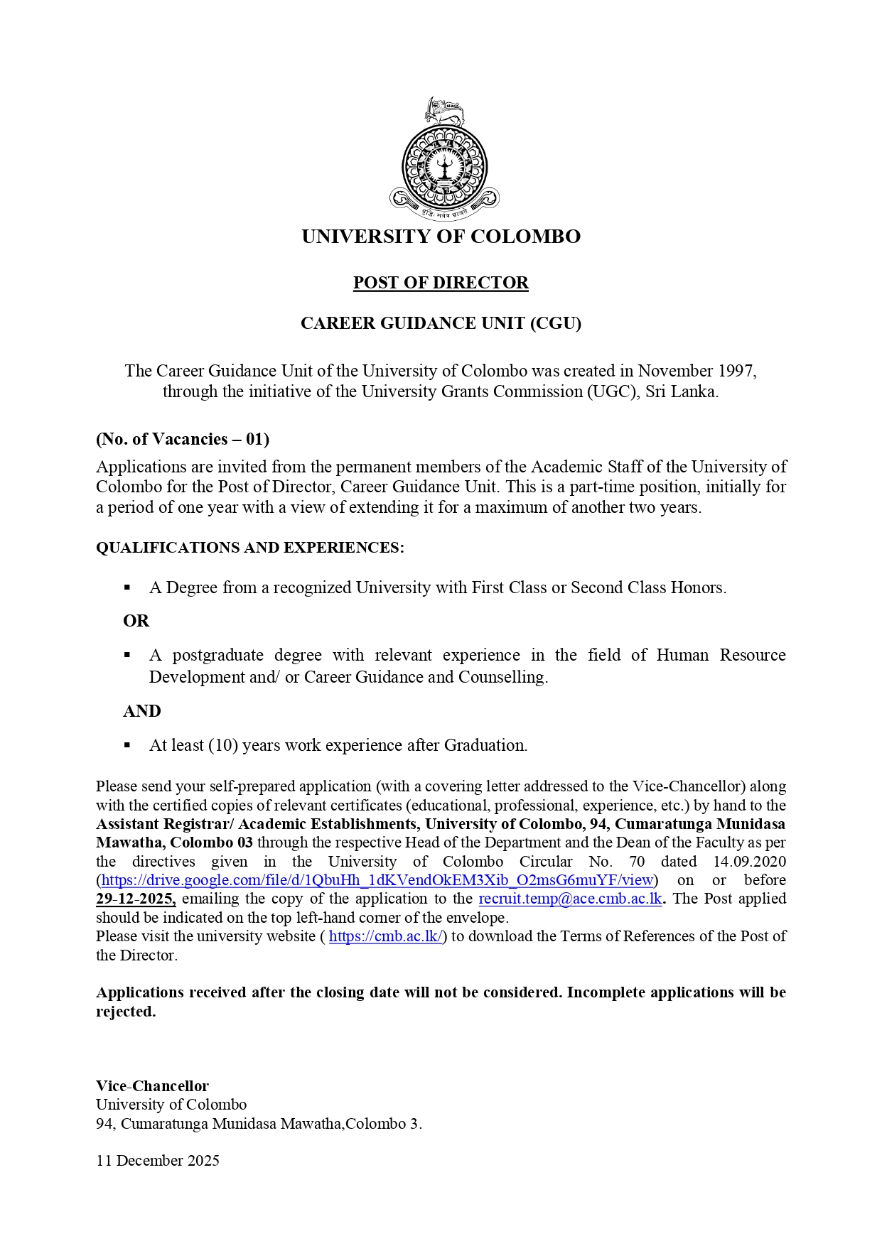 Director - University of Colombo