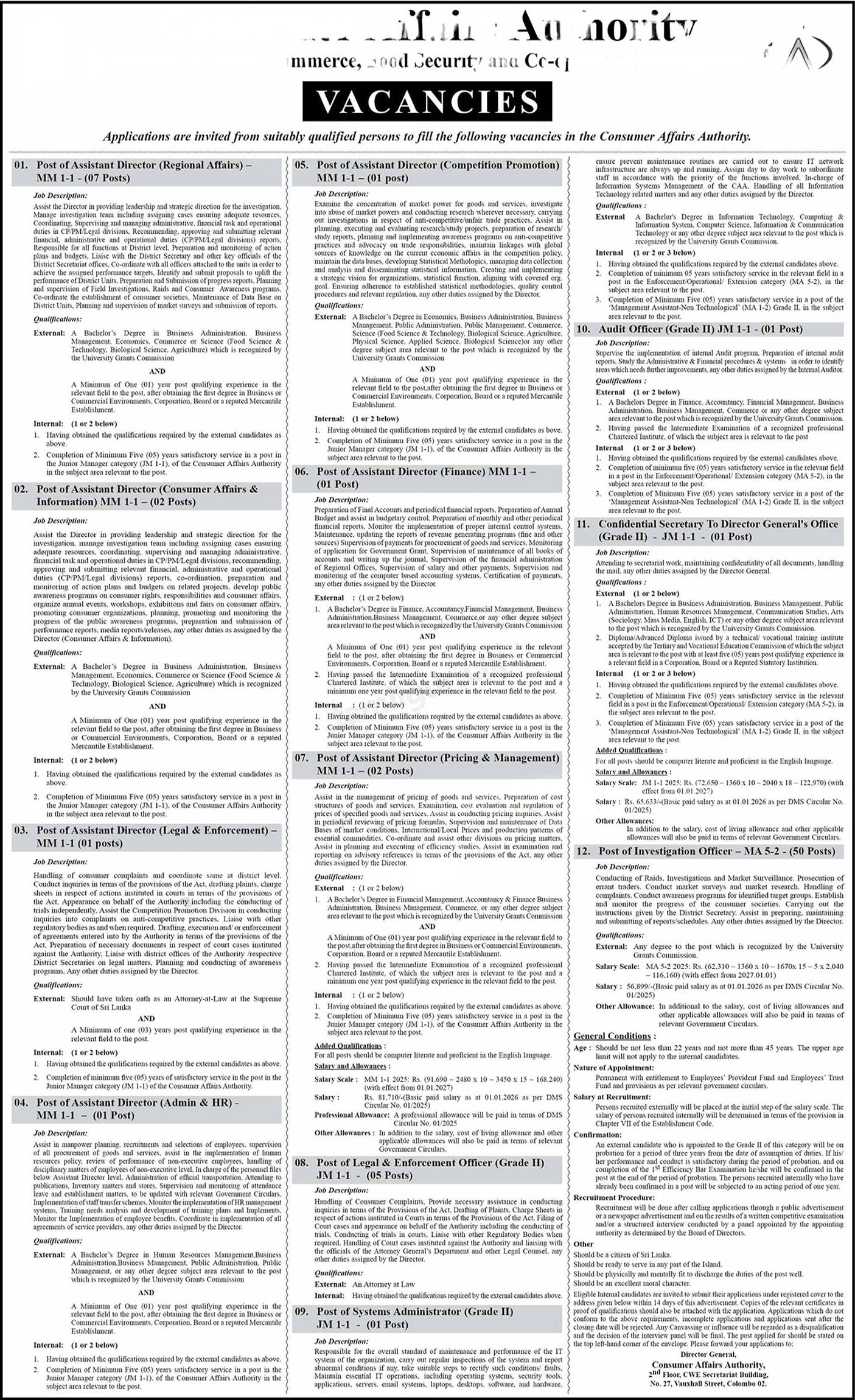 Assistant Director, Legal & Enforcement Officer, Systems Administrator, Audit Officer, Confidential Secretary, Investigation Officer - Consumer Affairs Authority