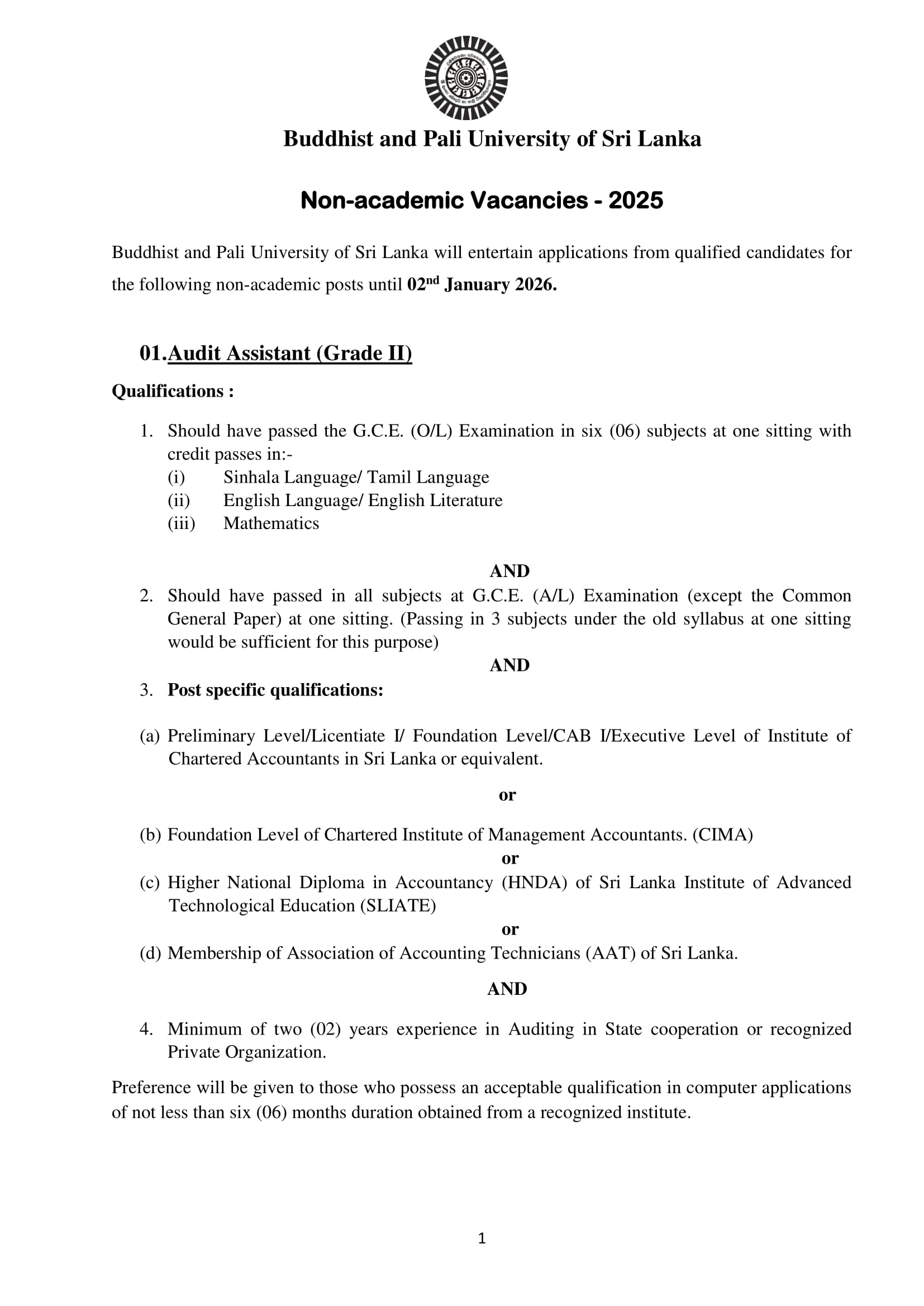 Management Assistant, Audit Assistant, Laboratory Attendant - Buddhist & Pali University of Sri Lanka  