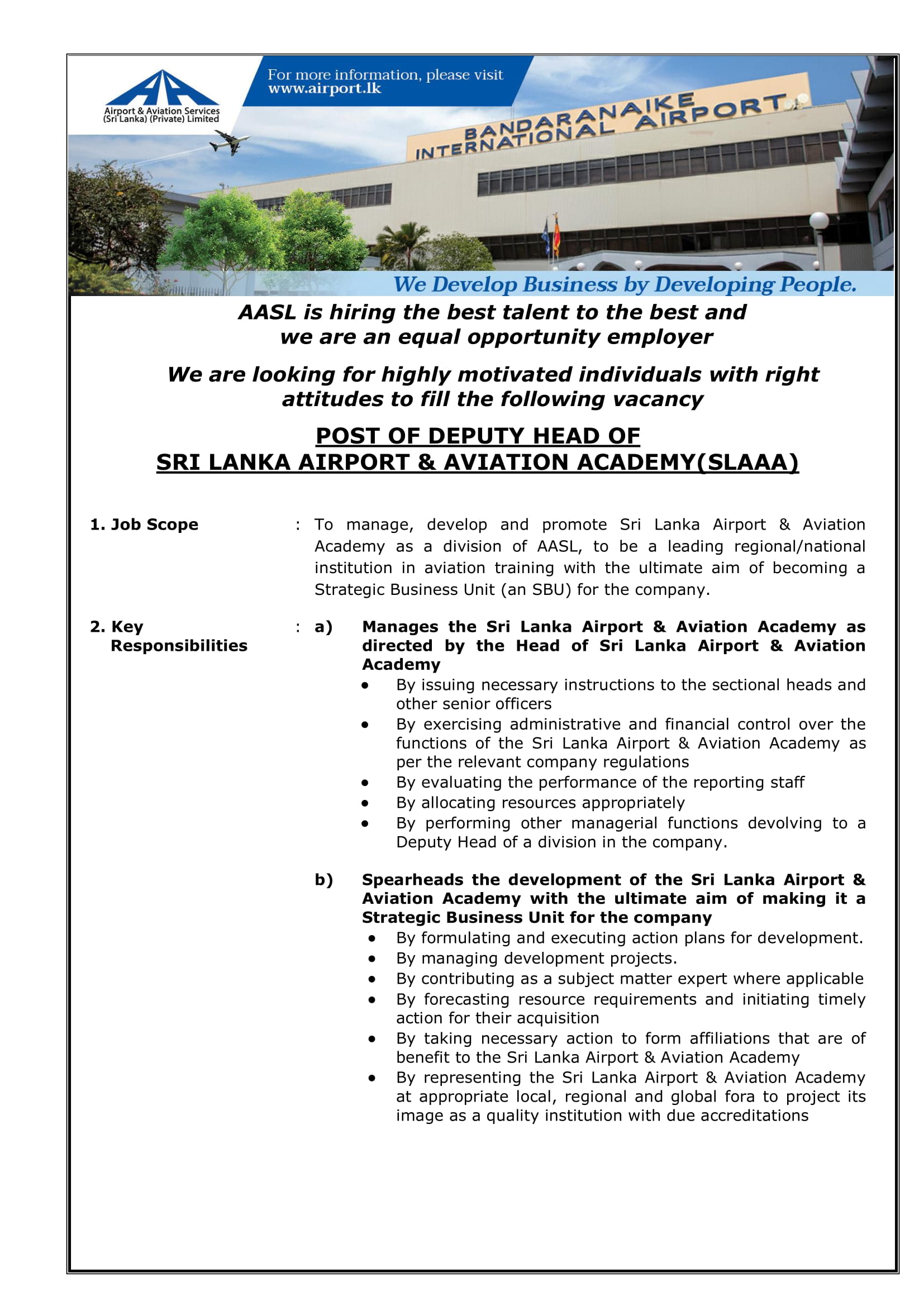 Deputy Head of Sri Lanka Airport & Aviation Academy (SLAAA), Superintendent Ground Operations (Passenger) - Airport & Aviation Services (Sri Lanka) (Private) Limited