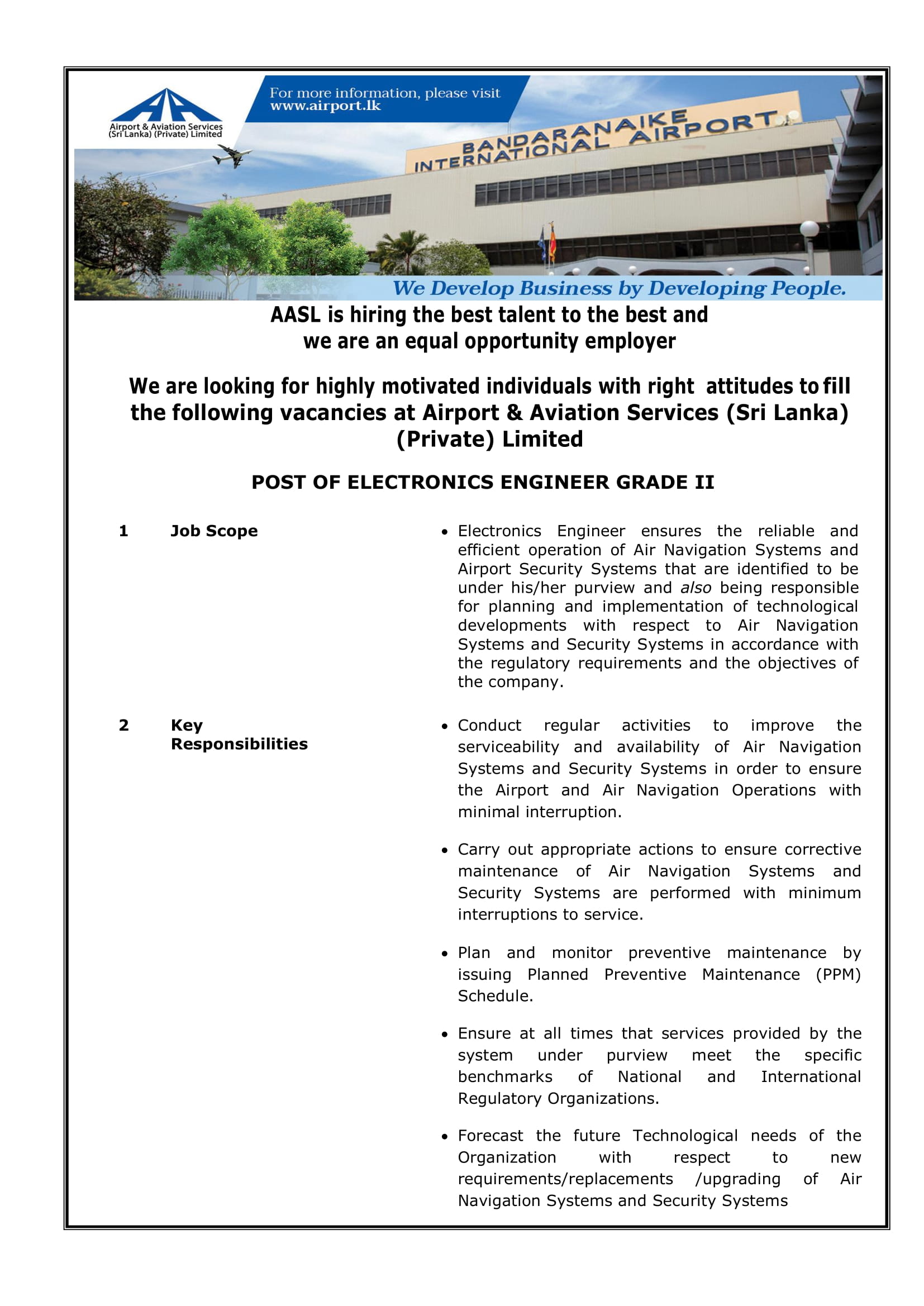 Assistant Manager, Electronics Engineer - Airport & Aviation Services (Sri Lanka) (Private) Limited