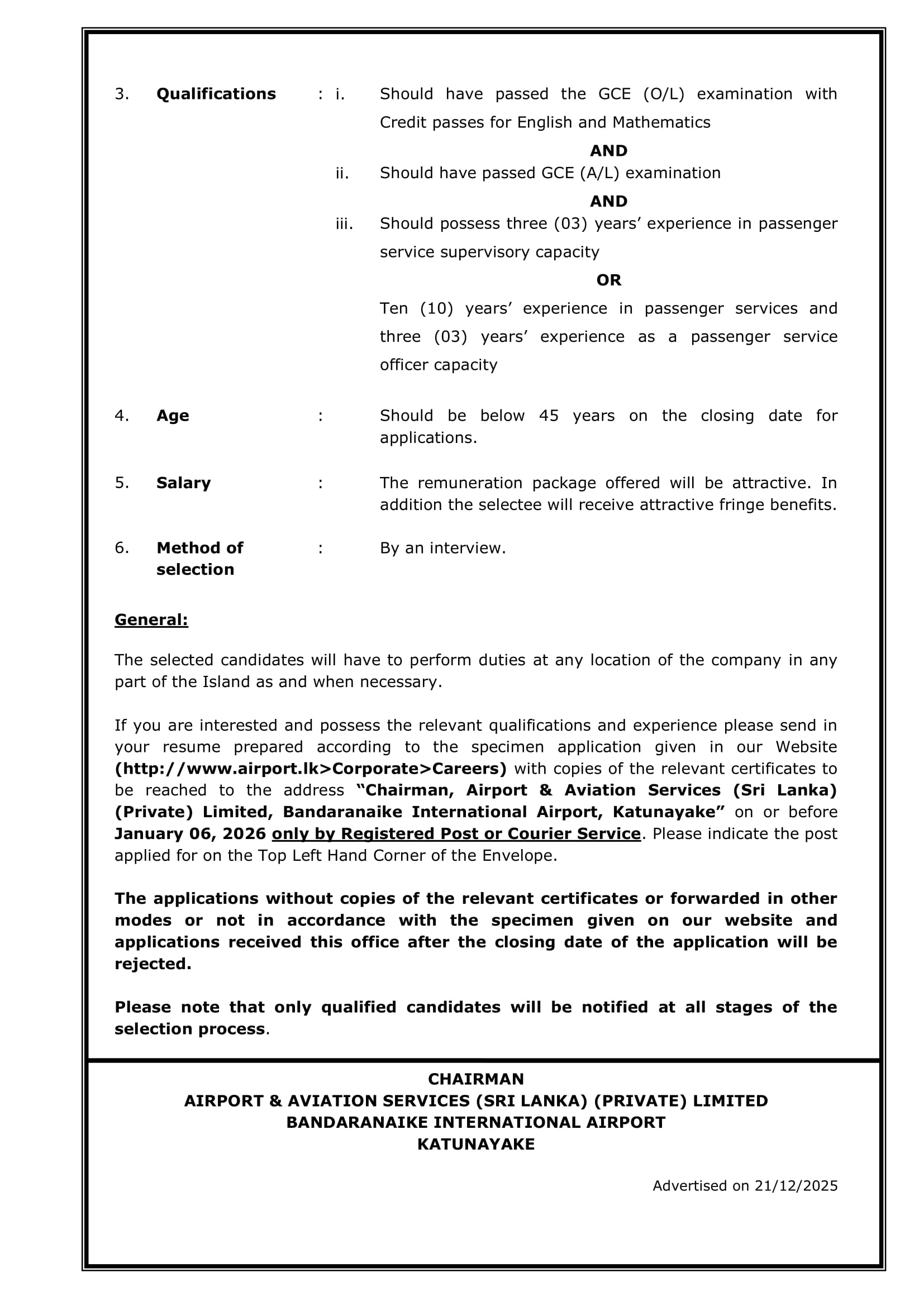 Deputy Head of Sri Lanka Airport & Aviation Academy (SLAAA), Superintendent Ground Operations (Passenger) - Airport & Aviation Services (Sri Lanka) (Private) Limited