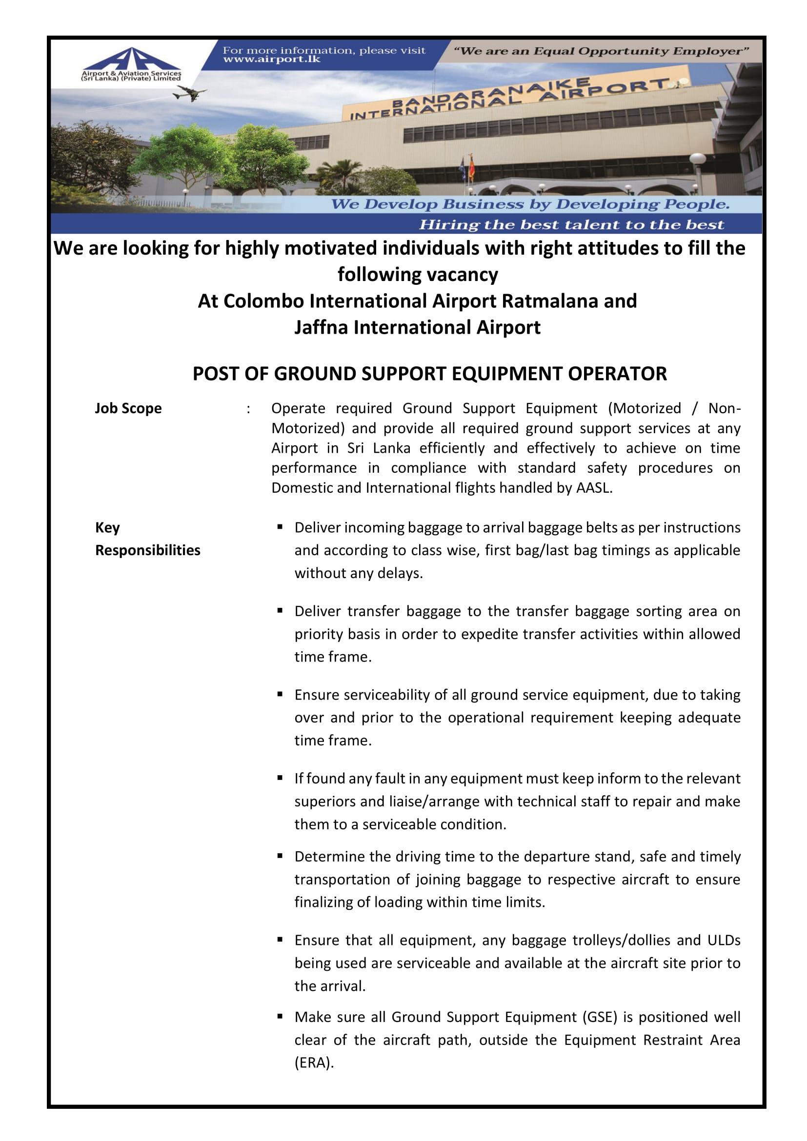Ground Support Equipment Operator, Technician Ground Support Equipment - Airport & Aviation Services (Sri Lanka) (Private) Limited