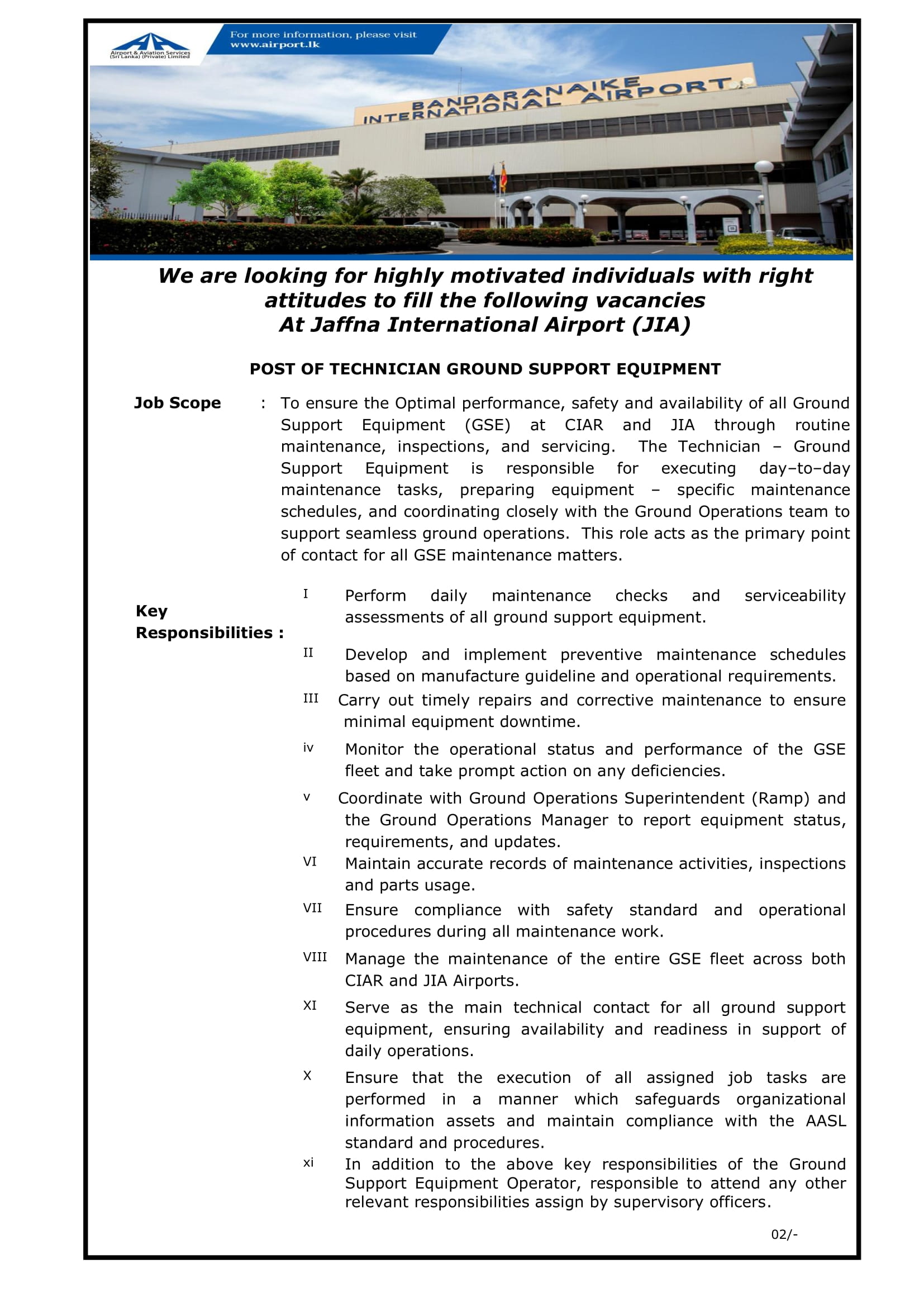 Ground Support Equipment Operator, Technician Ground Support Equipment - Airport & Aviation Services (Sri Lanka) (Private) Limited