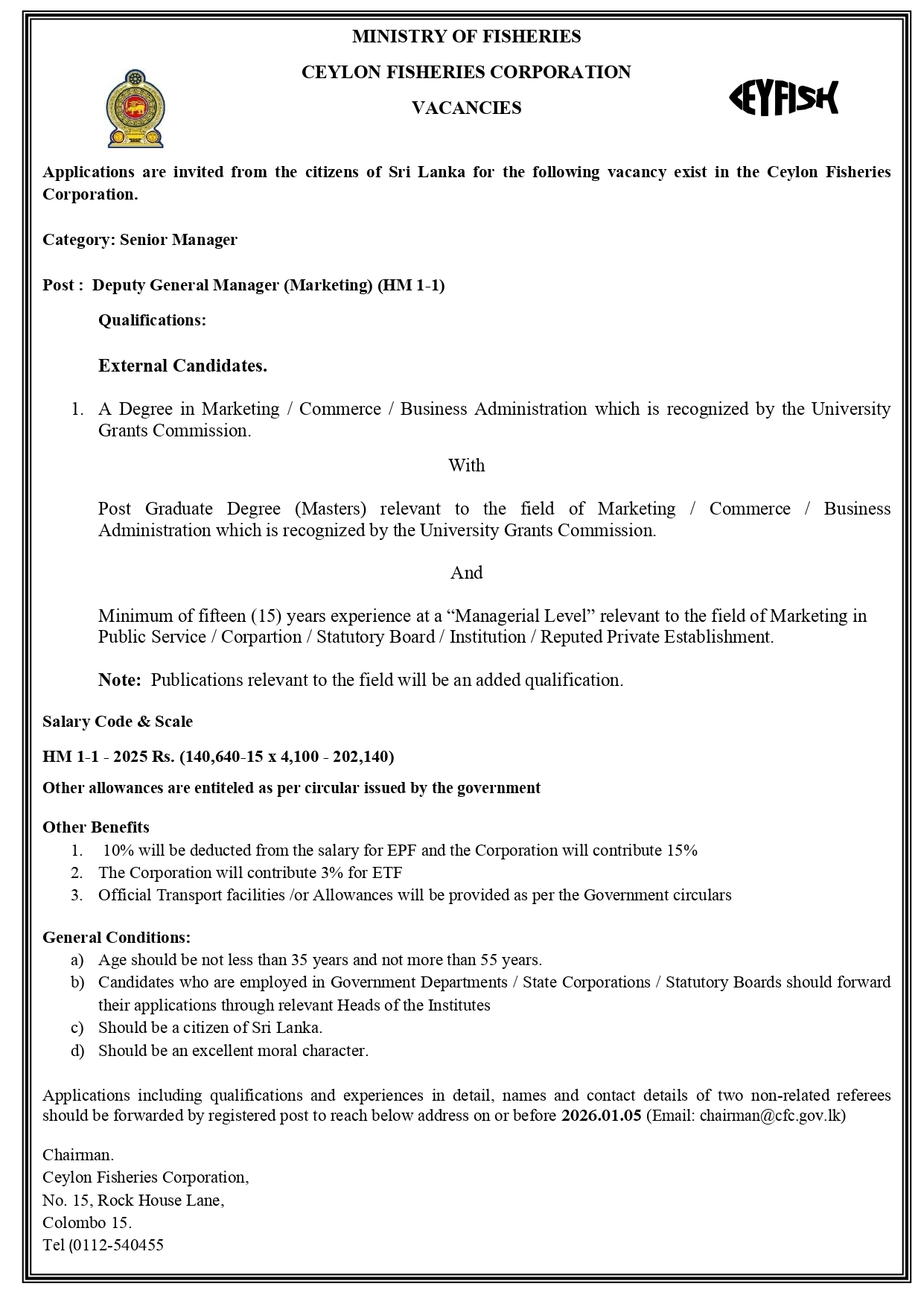 Deputy General Manager (Marketing, Finance) - Ceylon Fisheries Corporation