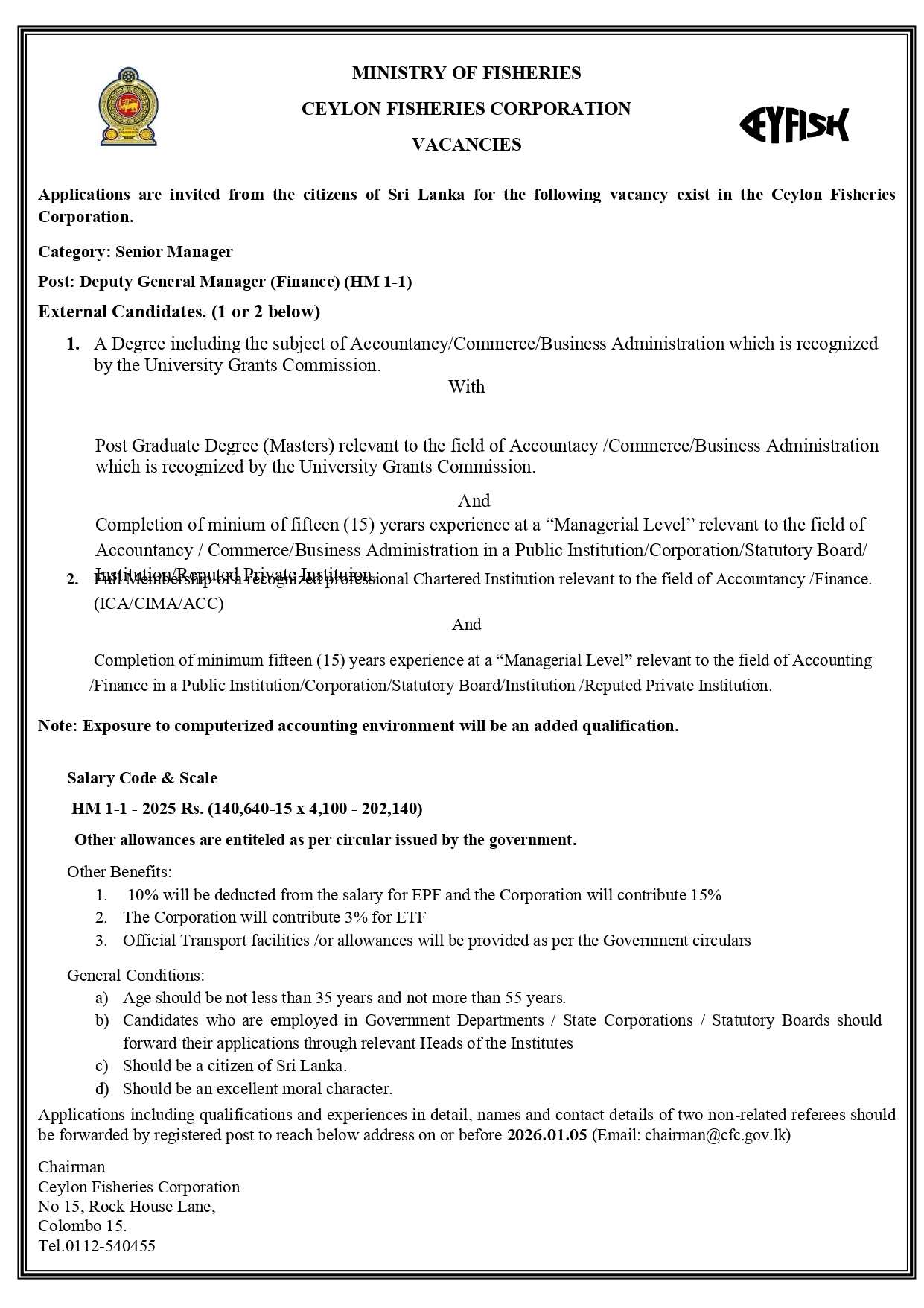 Deputy General Manager (Marketing, Finance) - Ceylon Fisheries Corporation