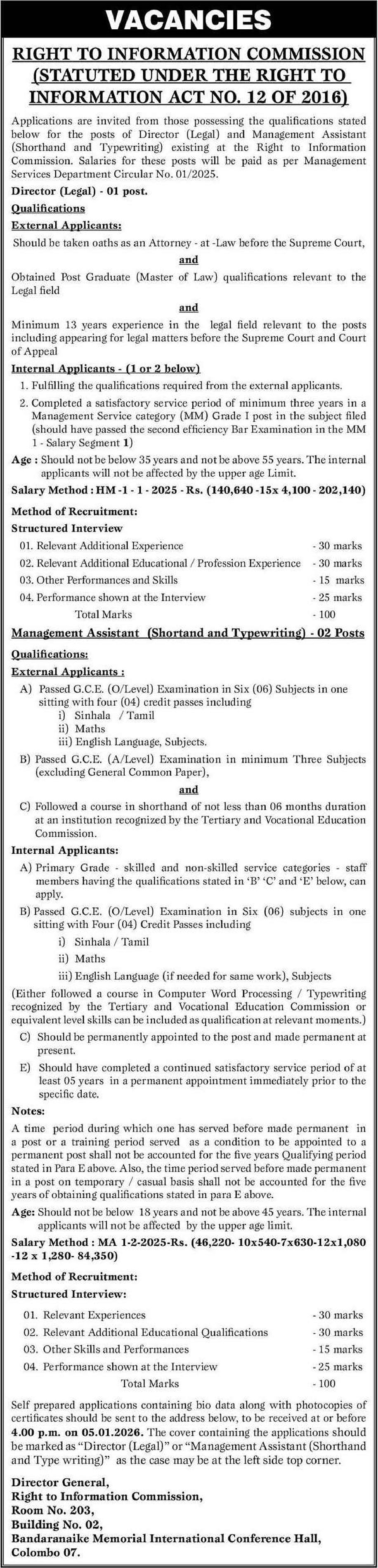 Management Assistant (Shorthand & Typewriting), Director (Legal) - Right to Information Commission