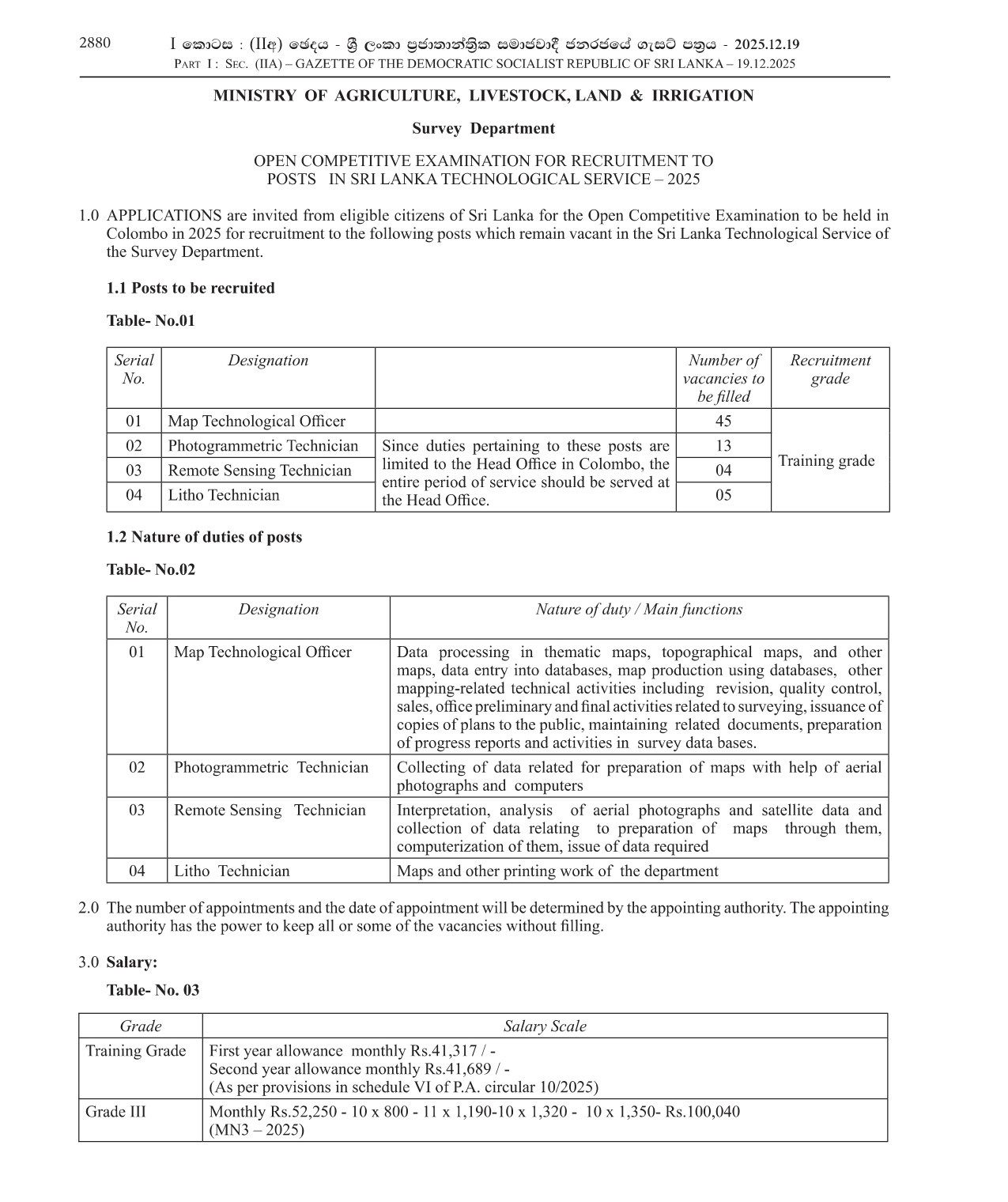 Map Technological Officer, Photogrammetric Technician, Remote Sensing Technician, Litho Technician - Ministry of Agriculture, Livestock, Land & Irrigation  