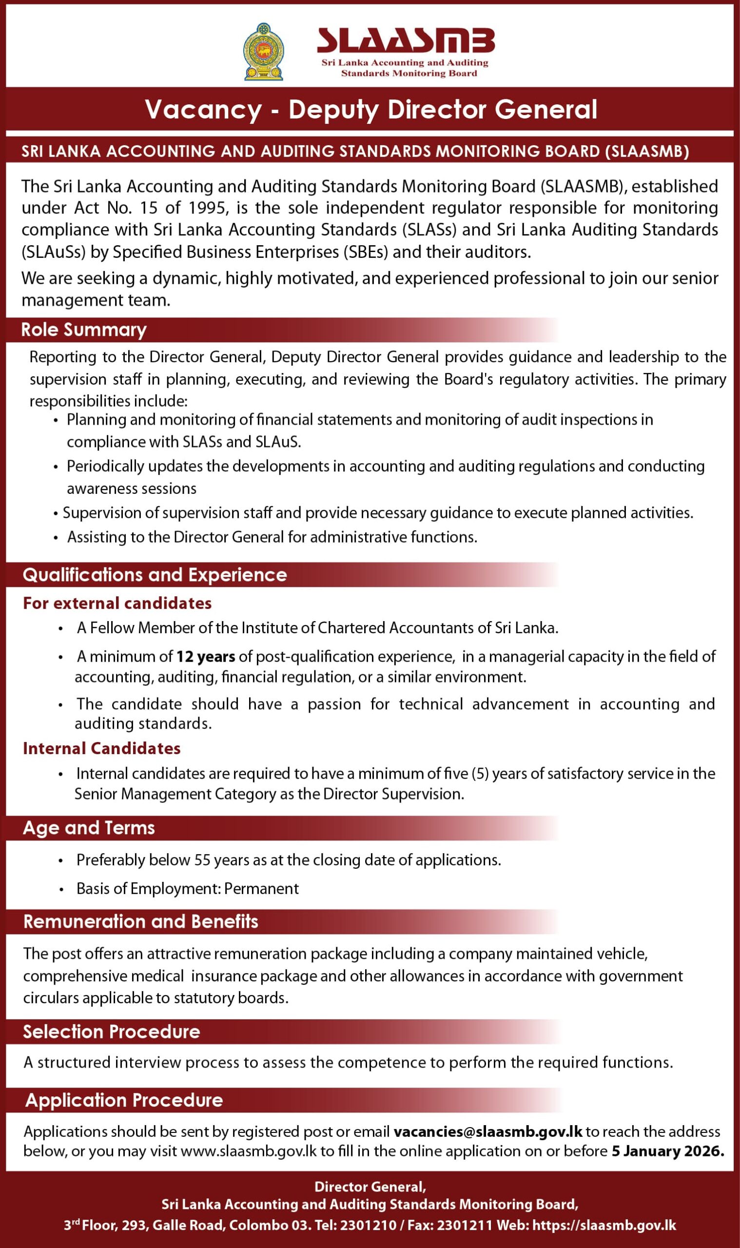 Deputy Director General, Director (Supervision), Deputy Director (Supervision), Assistant Director (Supervision, Finance & Administration) - Sri Lanka Accounting & Auditing Standards Monitoring Board