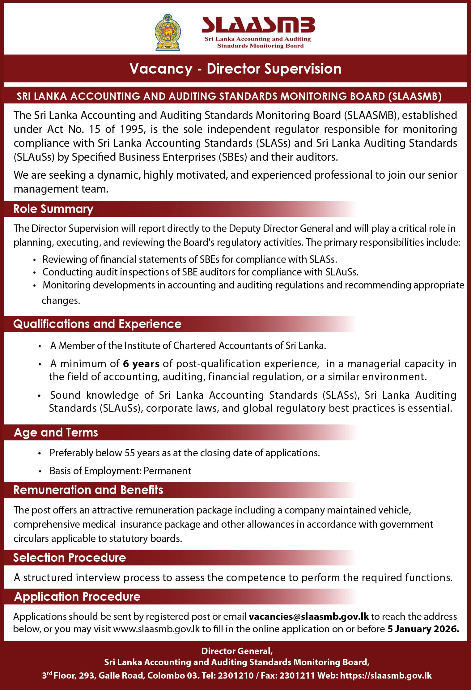 Deputy Director General, Director (Supervision), Deputy Director (Supervision), Assistant Director (Supervision, Finance & Administration) - Sri Lanka Accounting & Auditing Standards Monitoring Board