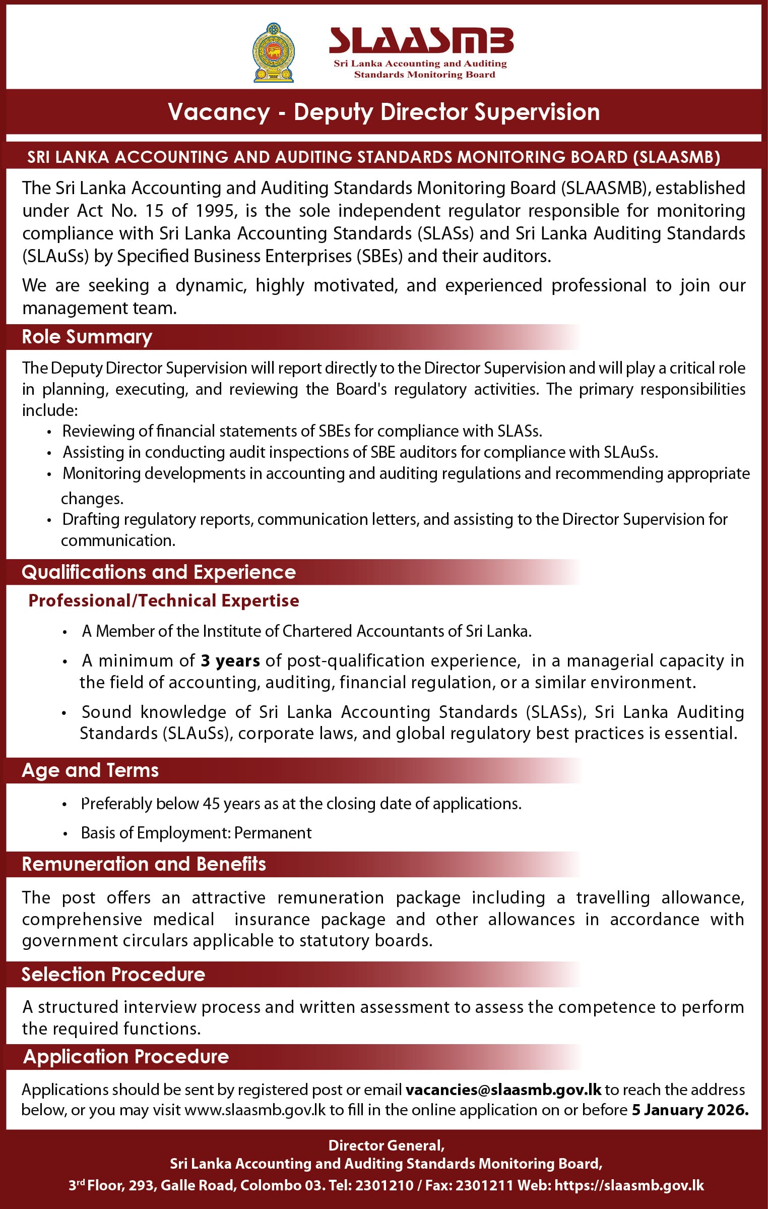 Deputy Director General, Director (Supervision), Deputy Director (Supervision), Assistant Director (Supervision, Finance & Administration) - Sri Lanka Accounting & Auditing Standards Monitoring Board