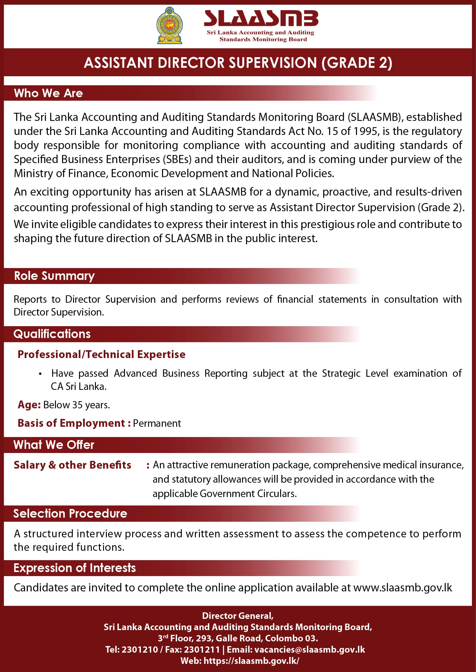 Deputy Director General, Director (Supervision), Deputy Director (Supervision), Assistant Director (Supervision, Finance & Administration) - Sri Lanka Accounting & Auditing Standards Monitoring Board