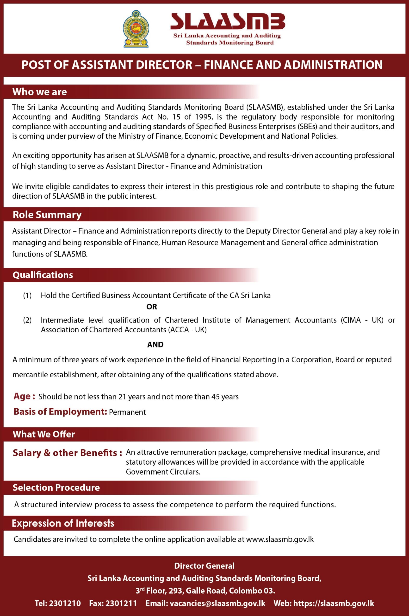 Deputy Director General, Director (Supervision), Deputy Director (Supervision), Assistant Director (Supervision, Finance & Administration) - Sri Lanka Accounting & Auditing Standards Monitoring Board