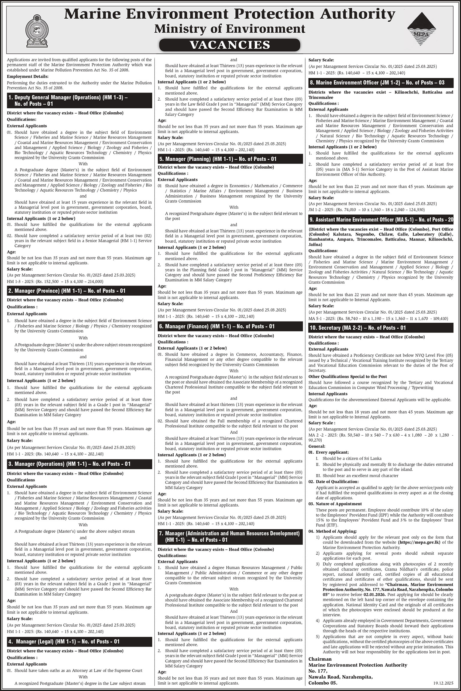 Deputy General Manager, Manager, Marine Environment Officer, Assistant Marine Environment Officer, Secretary - Marine Environment Protection Authority