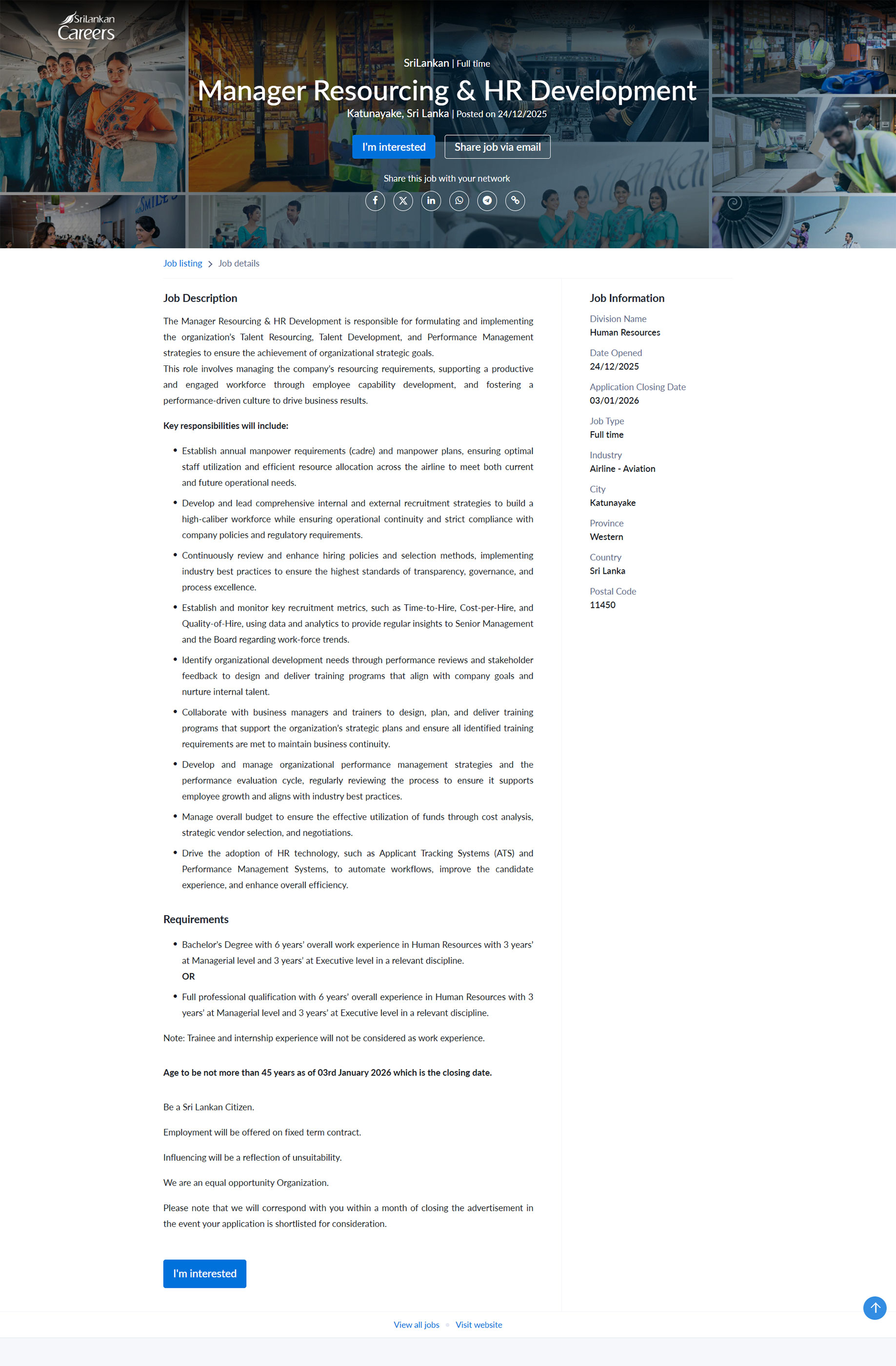 Manager (Resourcing & HR Development) - SriLankan Airlines Limited