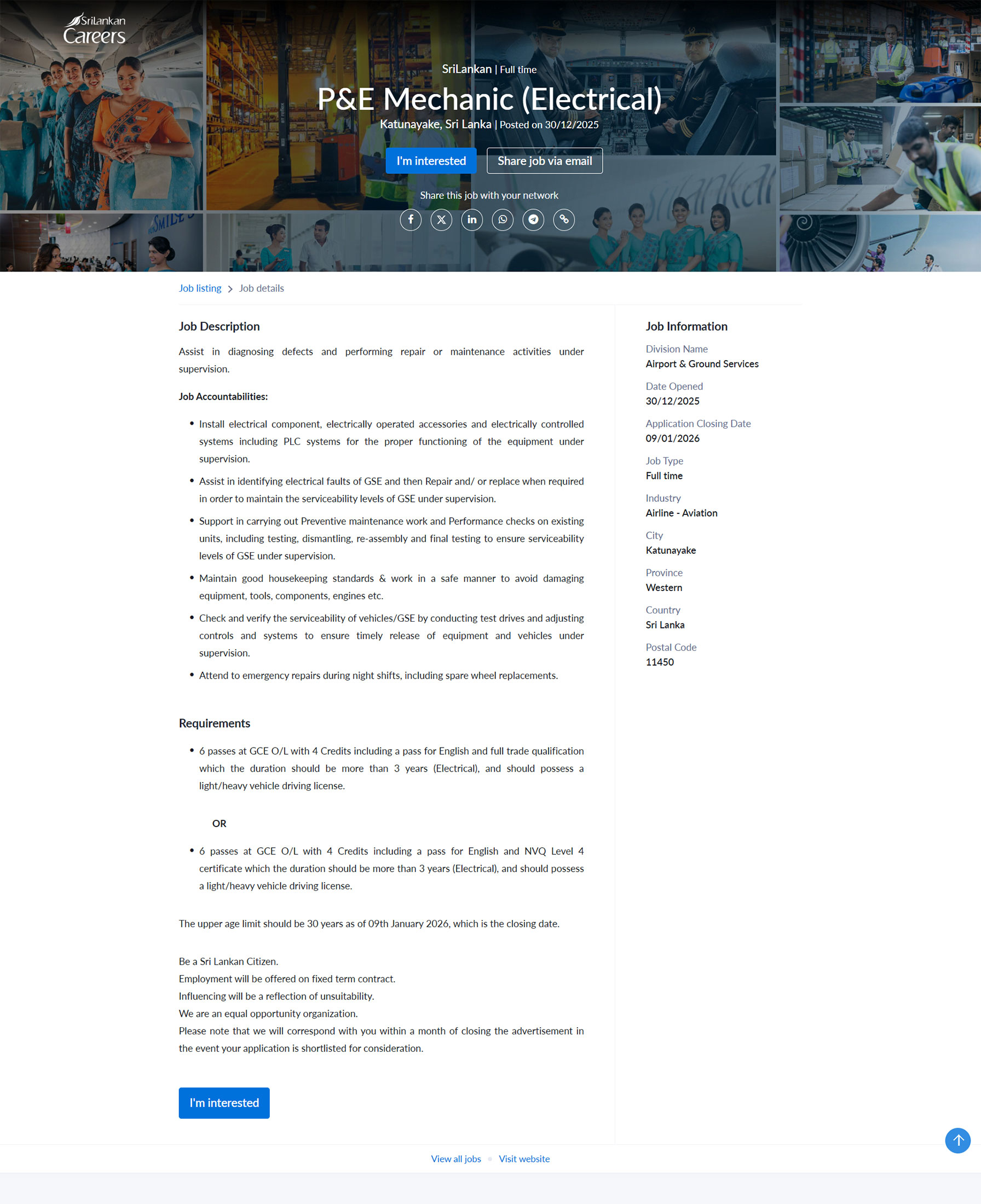 P&E Mechanic (Air Condition, Electrical, Paint, Tyre, Panel Beater) - SriLankan Airlines Limited