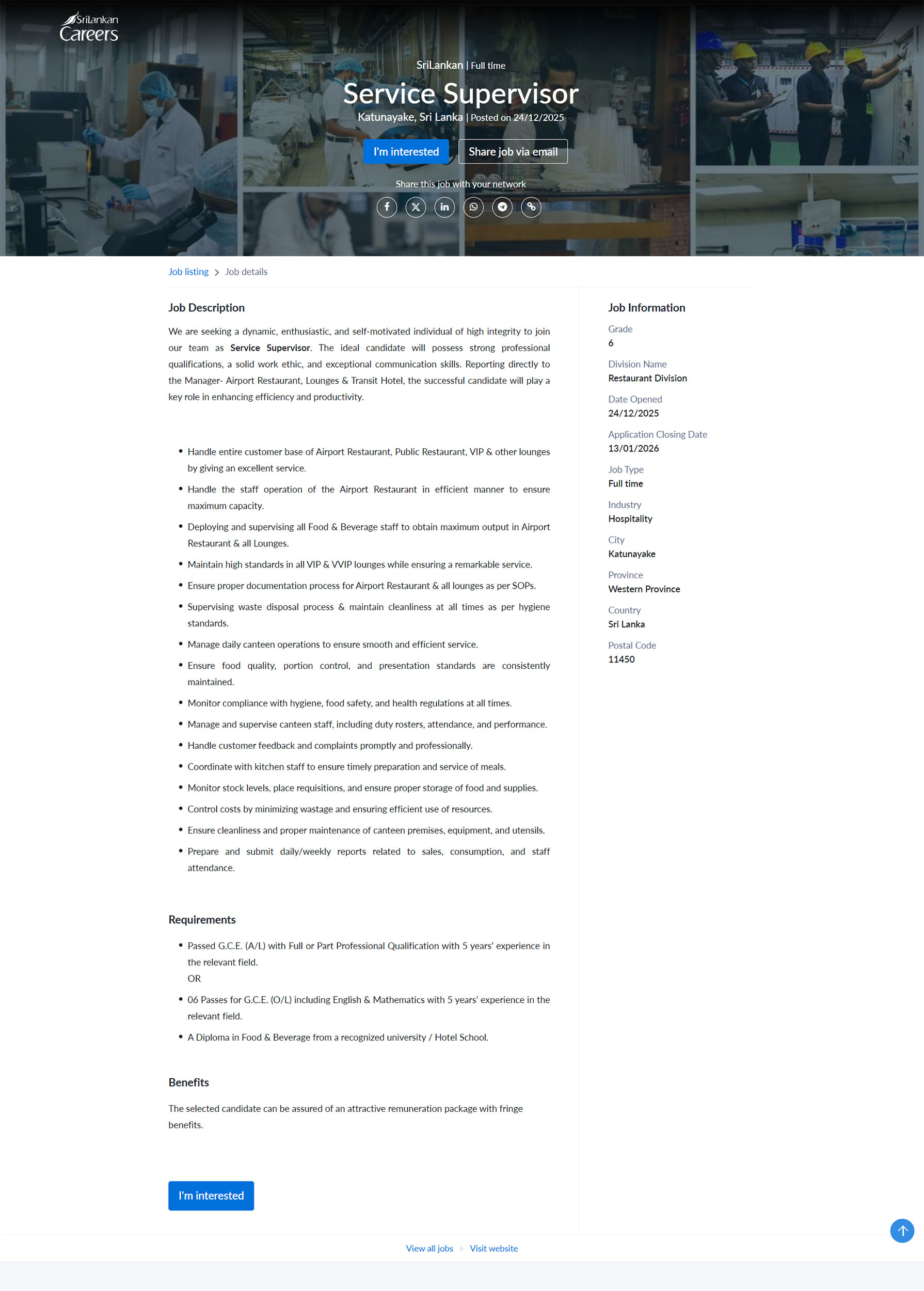 Service Supervisor - SriLankan Catering