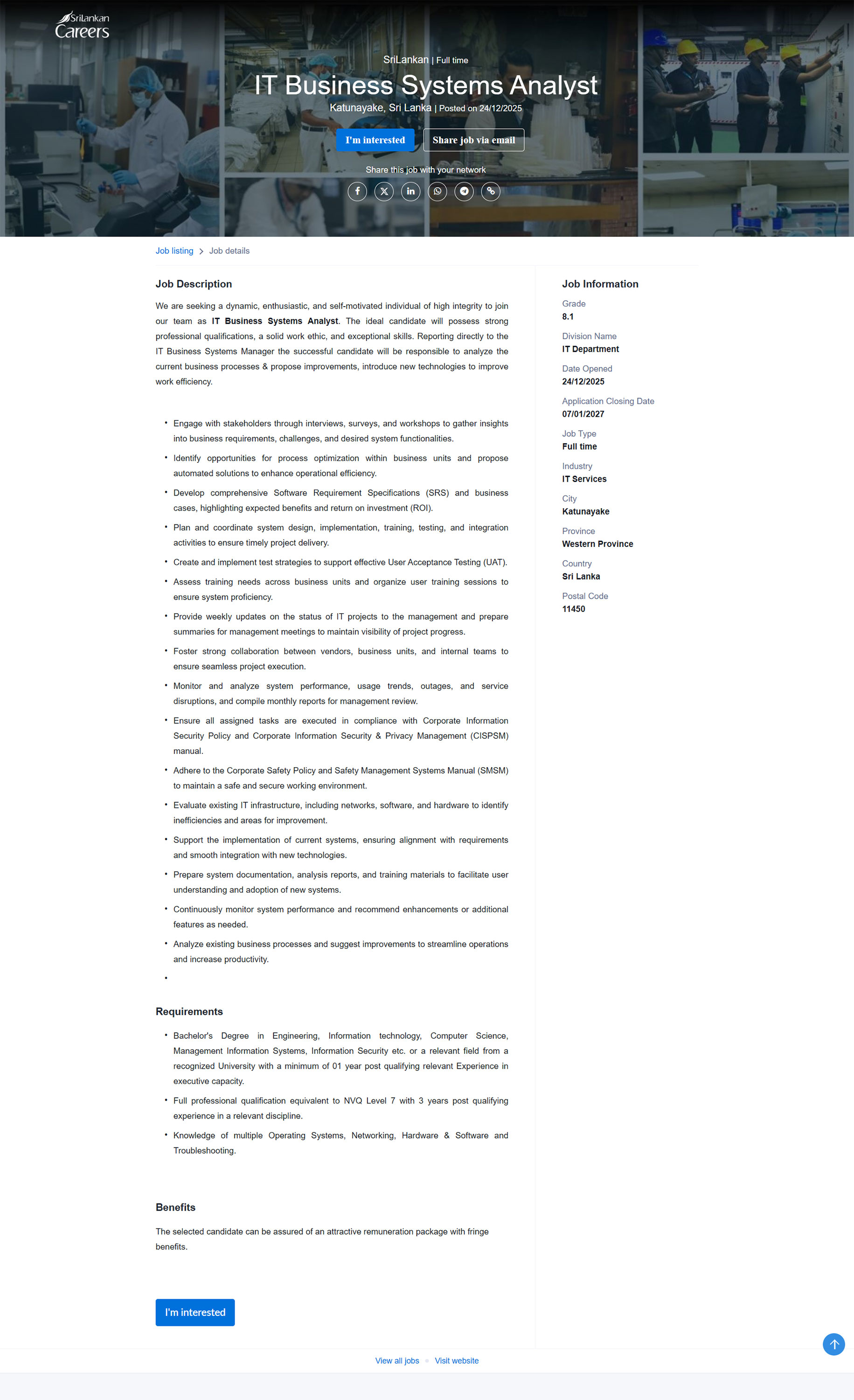 IT Business Systems Analyst - SriLankan Catering