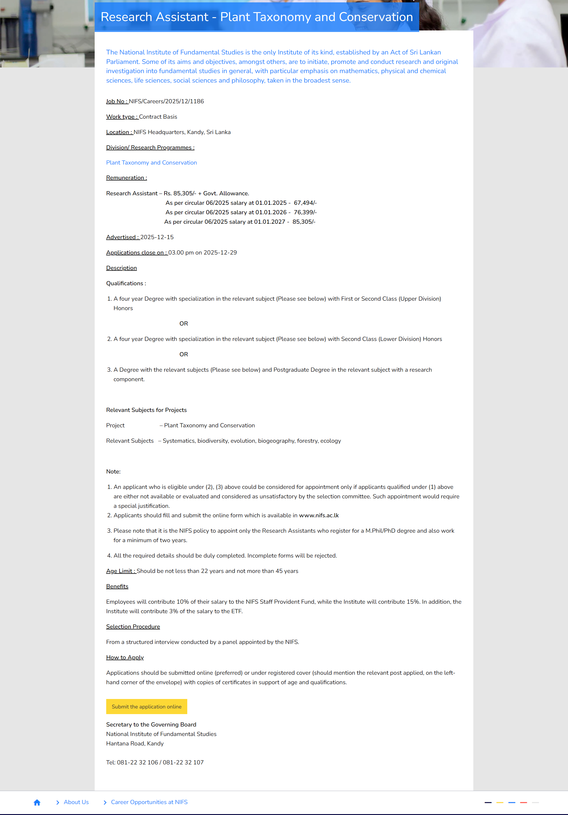 Research Assistant - National Institute of Fundamental Studies