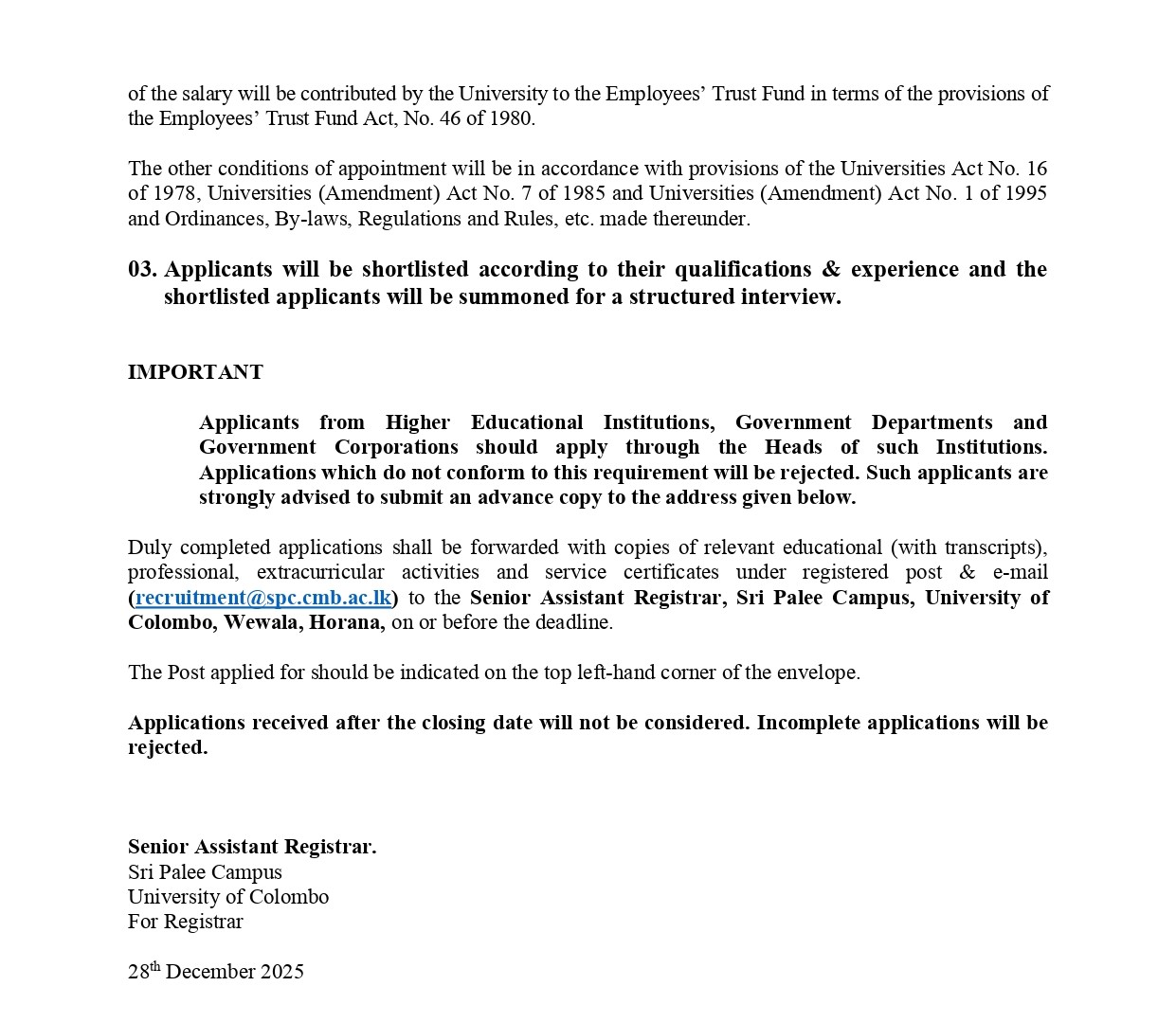 Works Engineer (Civil) - Sri Palee Campus - University of Colombo