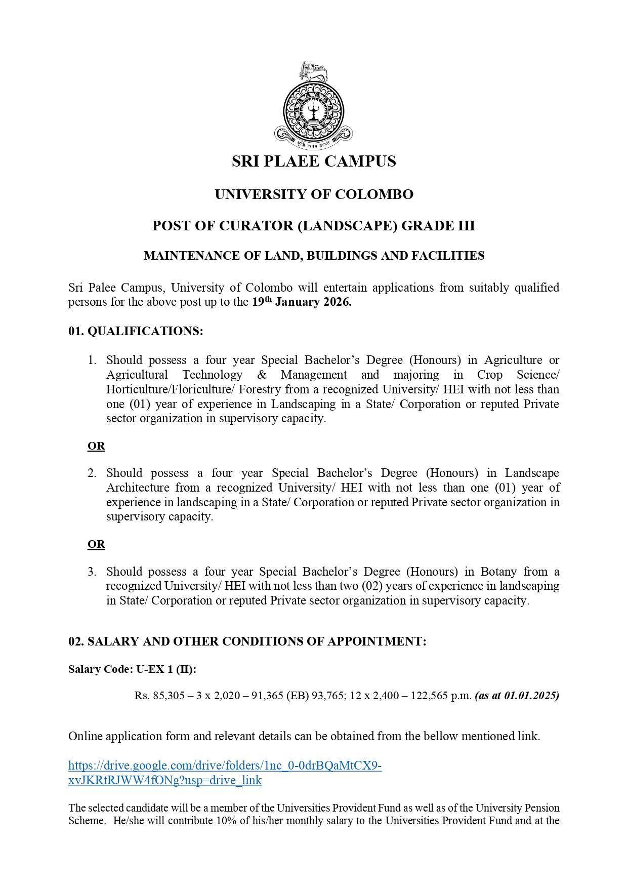 Curator (Landscape) - Sri Palee Campus - University of Colombo