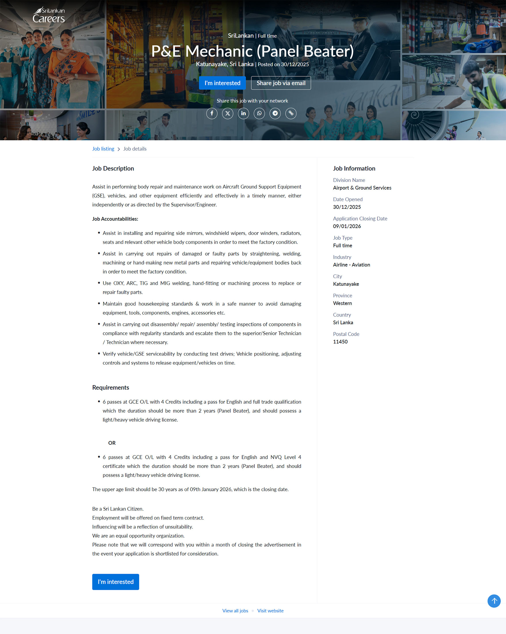 P&E Mechanic (Air Condition, Electrical, Paint, Tyre, Panel Beater) - SriLankan Airlines Limited