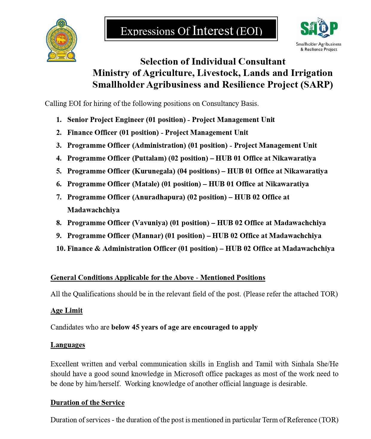 Senior Project Engineer, Finance Officer, Programme Officer, Finance & Administration Officer - Smallholder Agribusiness & Resilience Project - Ministry of Agriculture, Livestock, Lands & Irrigation
