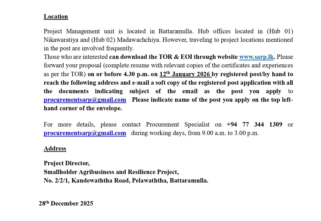 Senior Project Engineer, Finance Officer, Programme Officer, Finance & Administration Officer - Smallholder Agribusiness & Resilience Project - Ministry of Agriculture, Livestock, Lands & Irrigation
