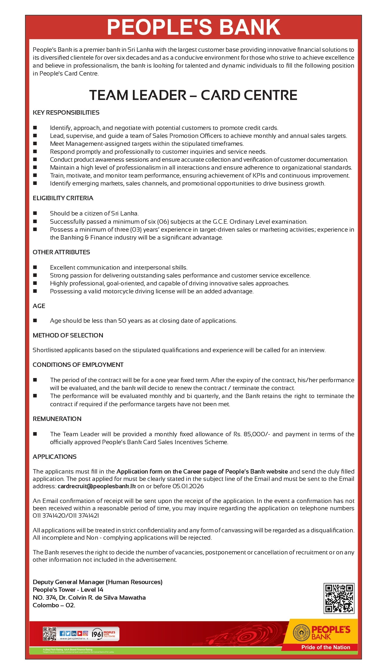 Team Leader (Card Centre), Card Sales Promotion Officer (Card Centre) - People’s Bank