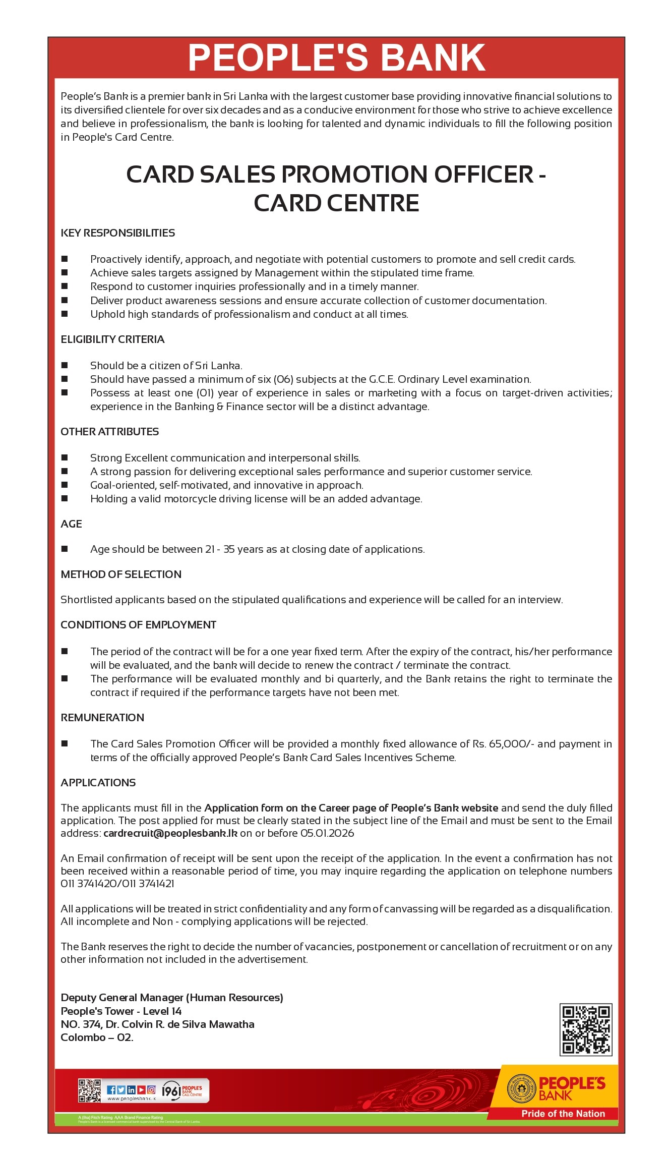 Team Leader (Card Centre), Card Sales Promotion Officer (Card Centre) - People’s Bank