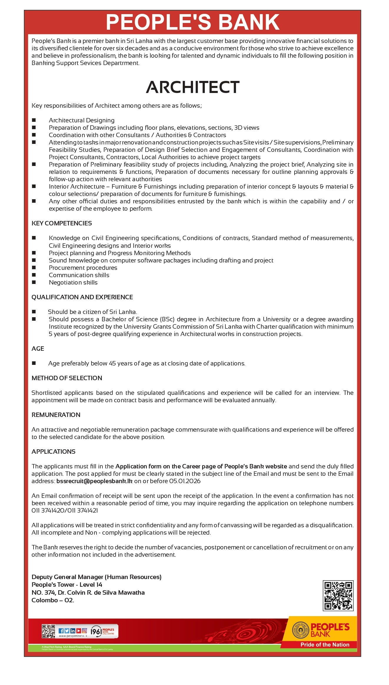 Architect, Quantity Surveyor - People’s Bank