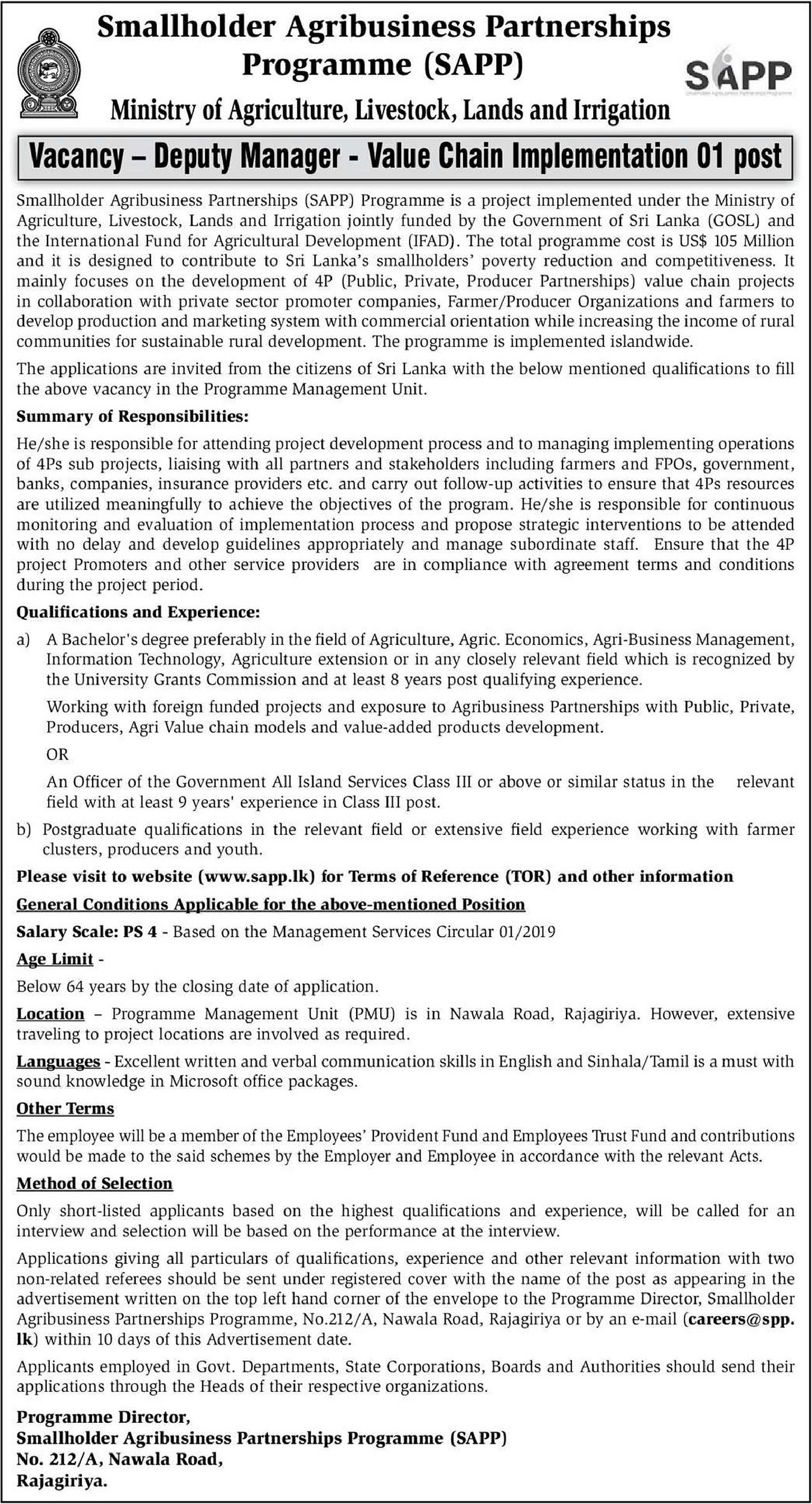 Deputy Manager - Smallholder Agribusiness & Partnerships Programme - Ministry of Agriculture, Livestock, Lands & Irrigation
