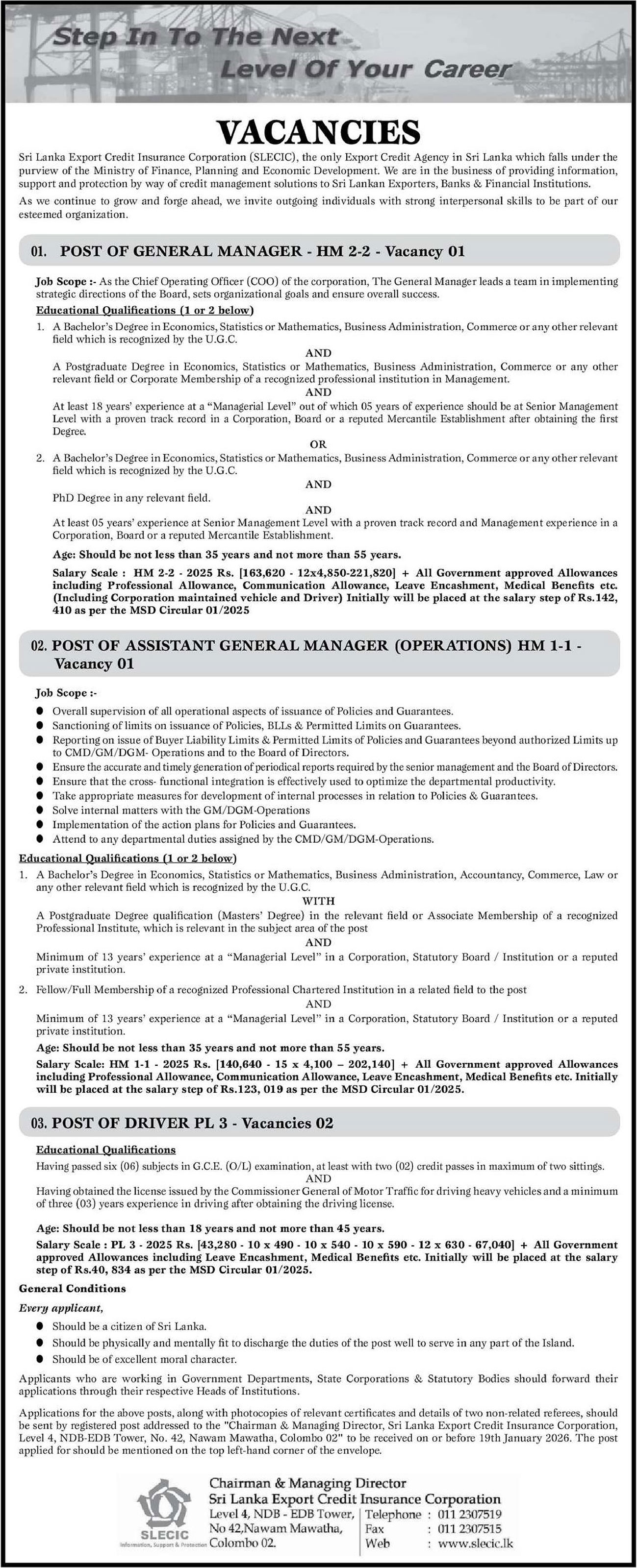 General Manager, Assistant General Manager, Driver - Sri Lanka Export Credit Insurance Corporation