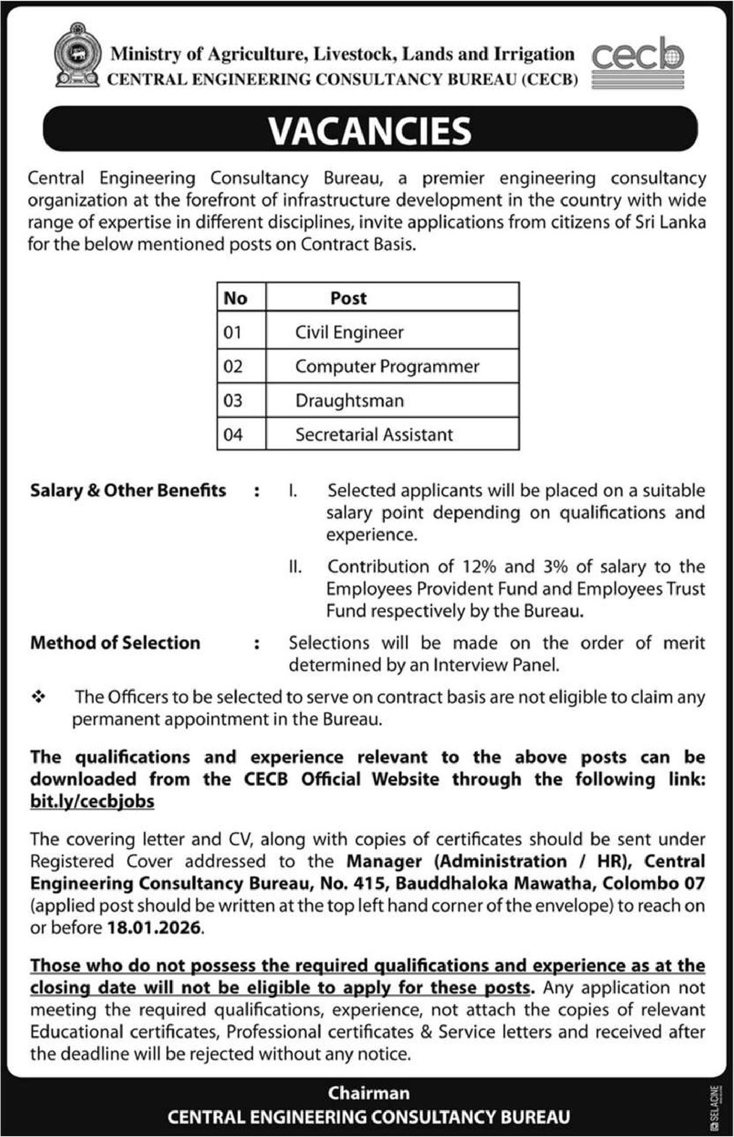 Civil Engineer, Computer Programmer, Draughtsman, Secretarial Assistant - Central Engineering Consultancy Bureau