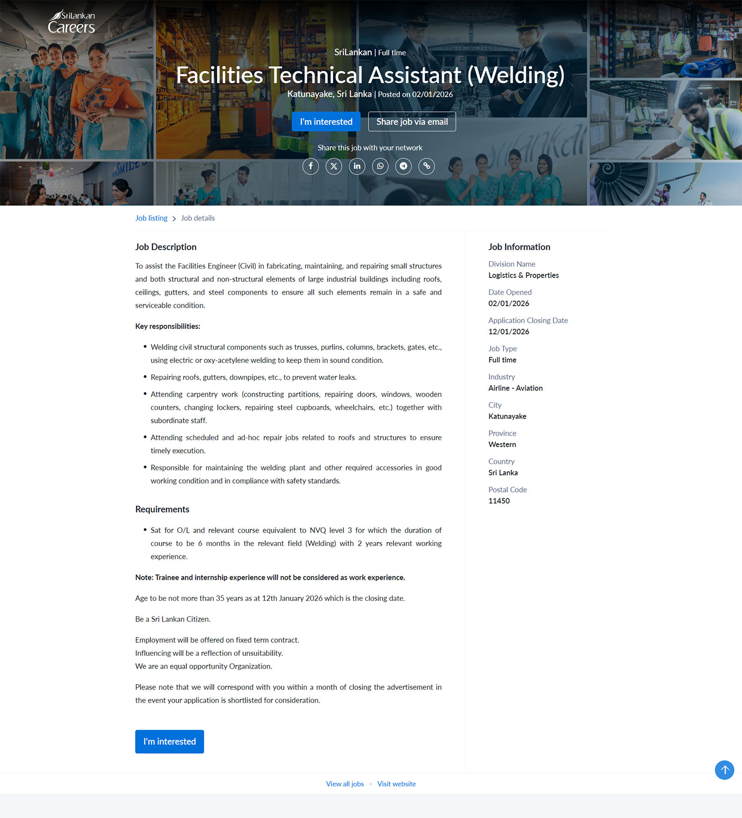Facilities Technical Assistant (Welding) - SriLankan Airlines Limited
