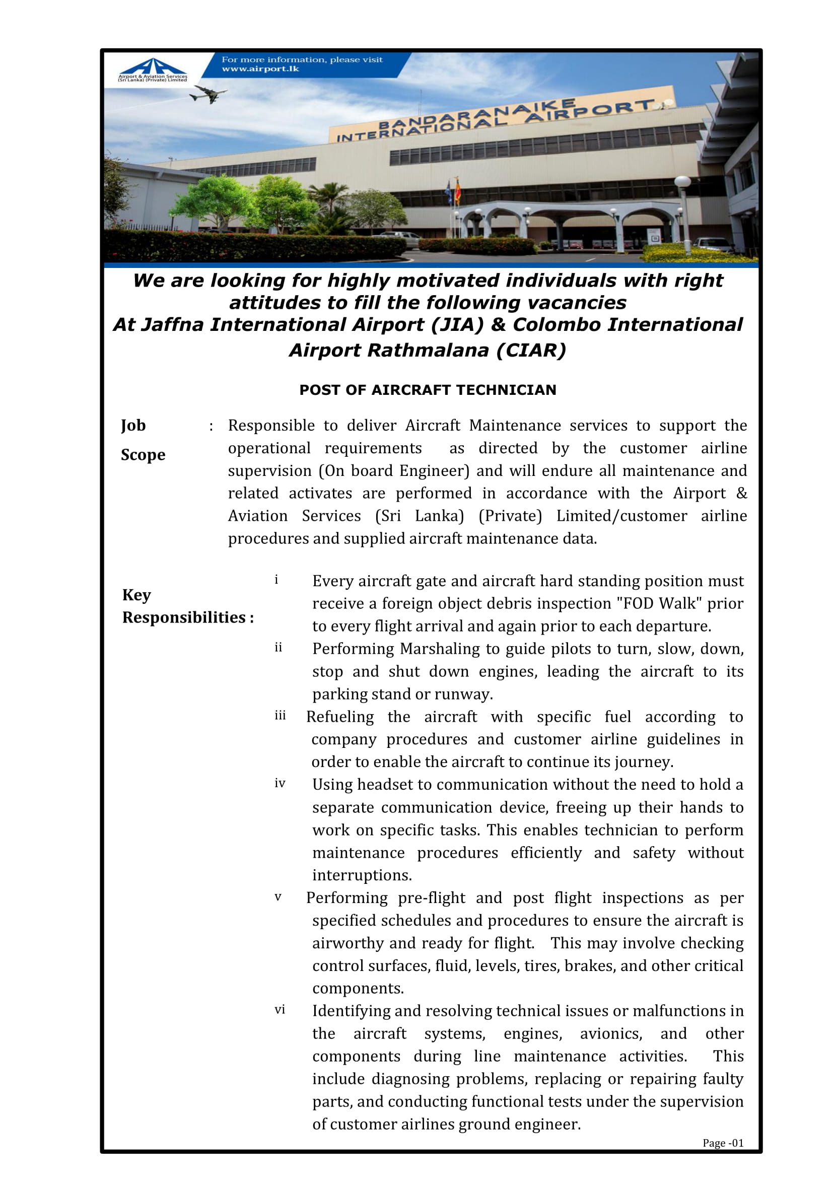 Aircraft Technician - Airport and Aviation Services (Sri Lanka) (Private) Limited