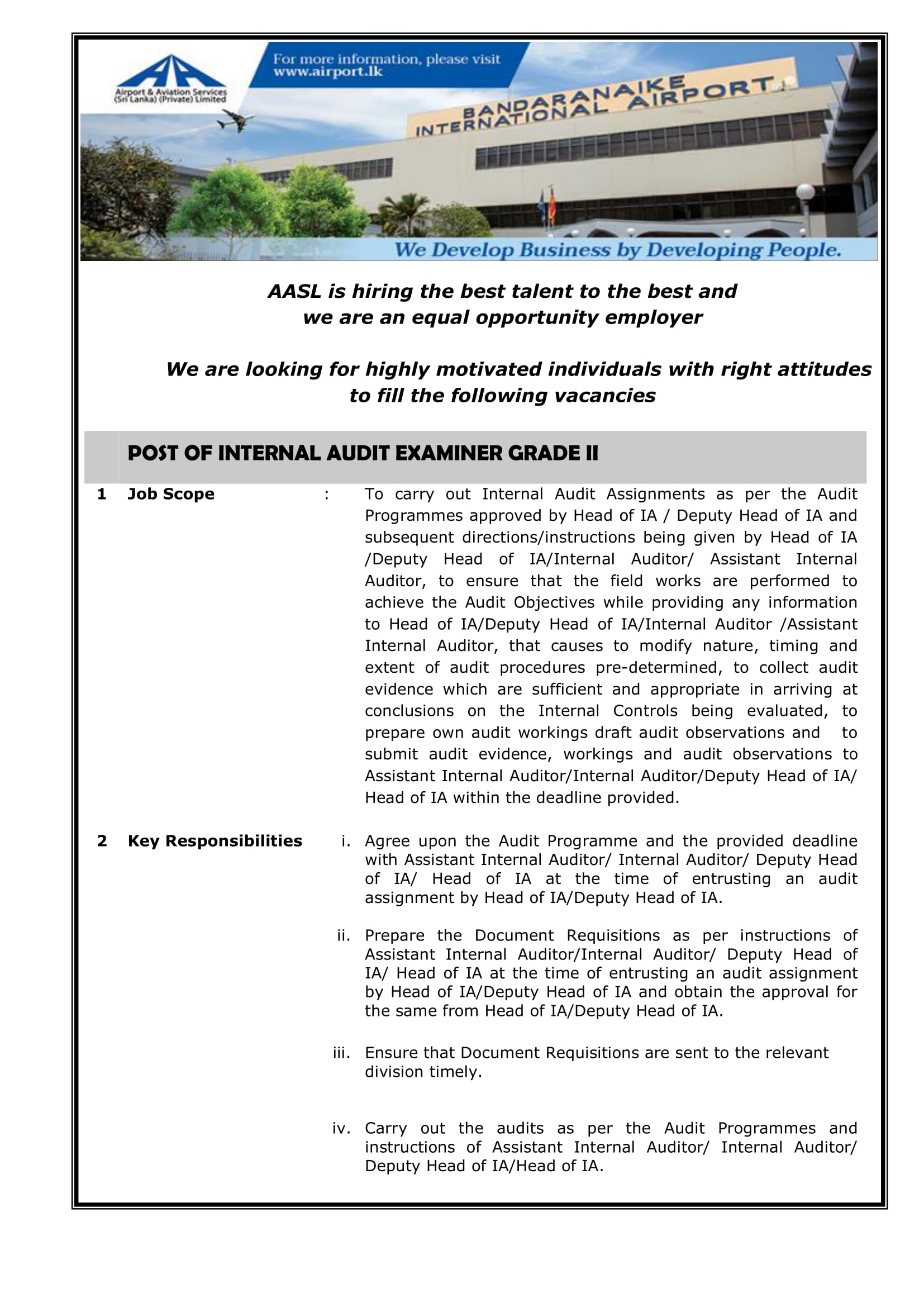 Internal Audit Examiner - Airport and Aviation Services (Sri Lanka) (Private) Limited  