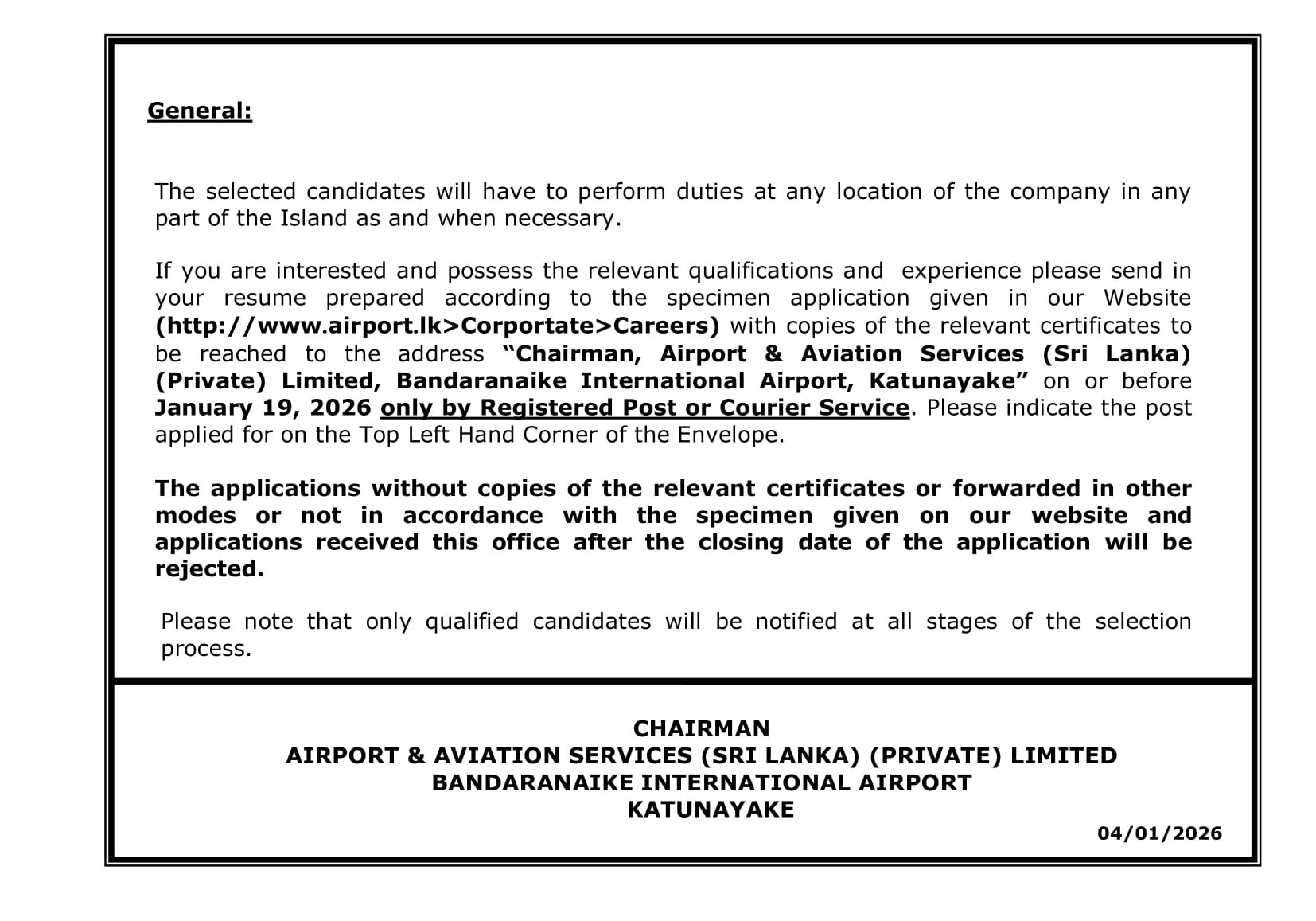 Internal Audit Examiner - Airport and Aviation Services (Sri Lanka) (Private) Limited  