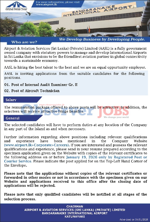 Internal Audit Examiner, Aircraft Technician - Airport & Aviation Services (Sri Lanka) (Private) Limited