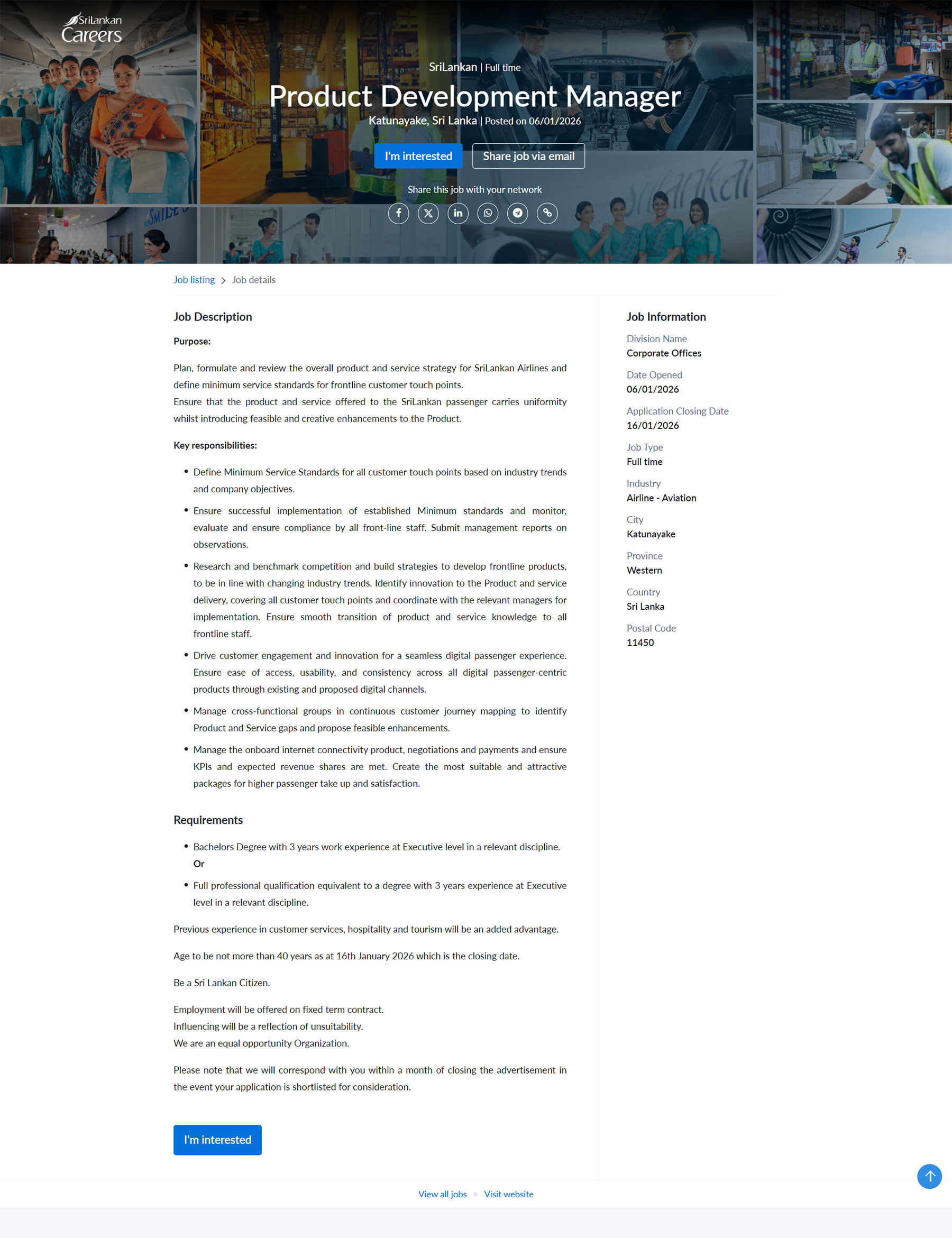 Product Development Manager - SriLankan Airlines Limited