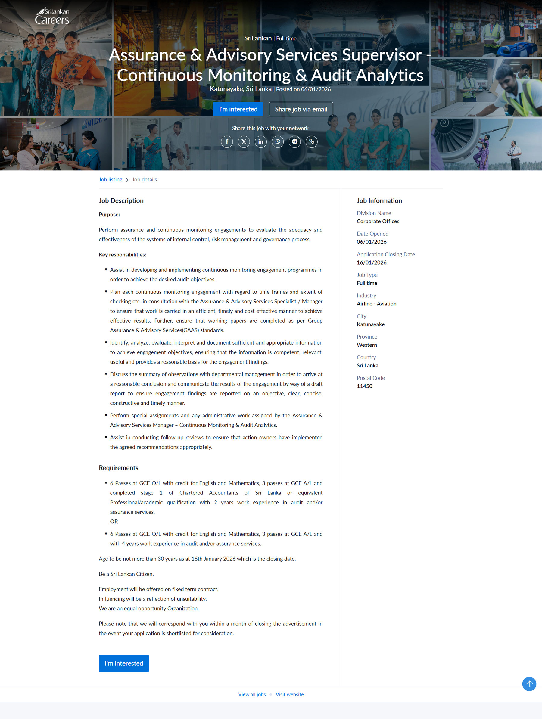 Assurance & Advisory Services Supervisor (Continuous Monitoring & Audit Analytics) - SriLankan Airlines Limited