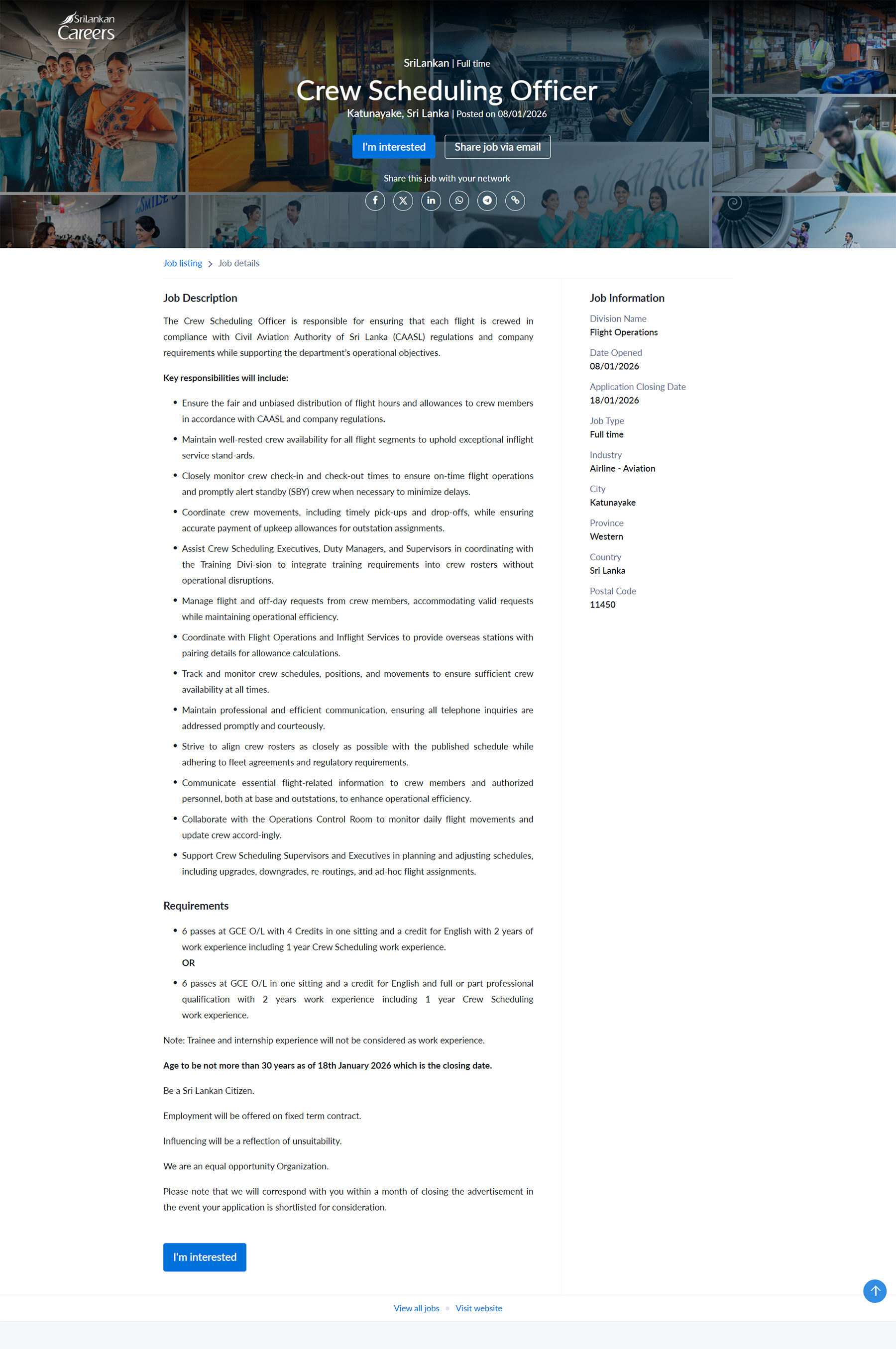 Crew Scheduling Officer - SriLankan Airlines Limited