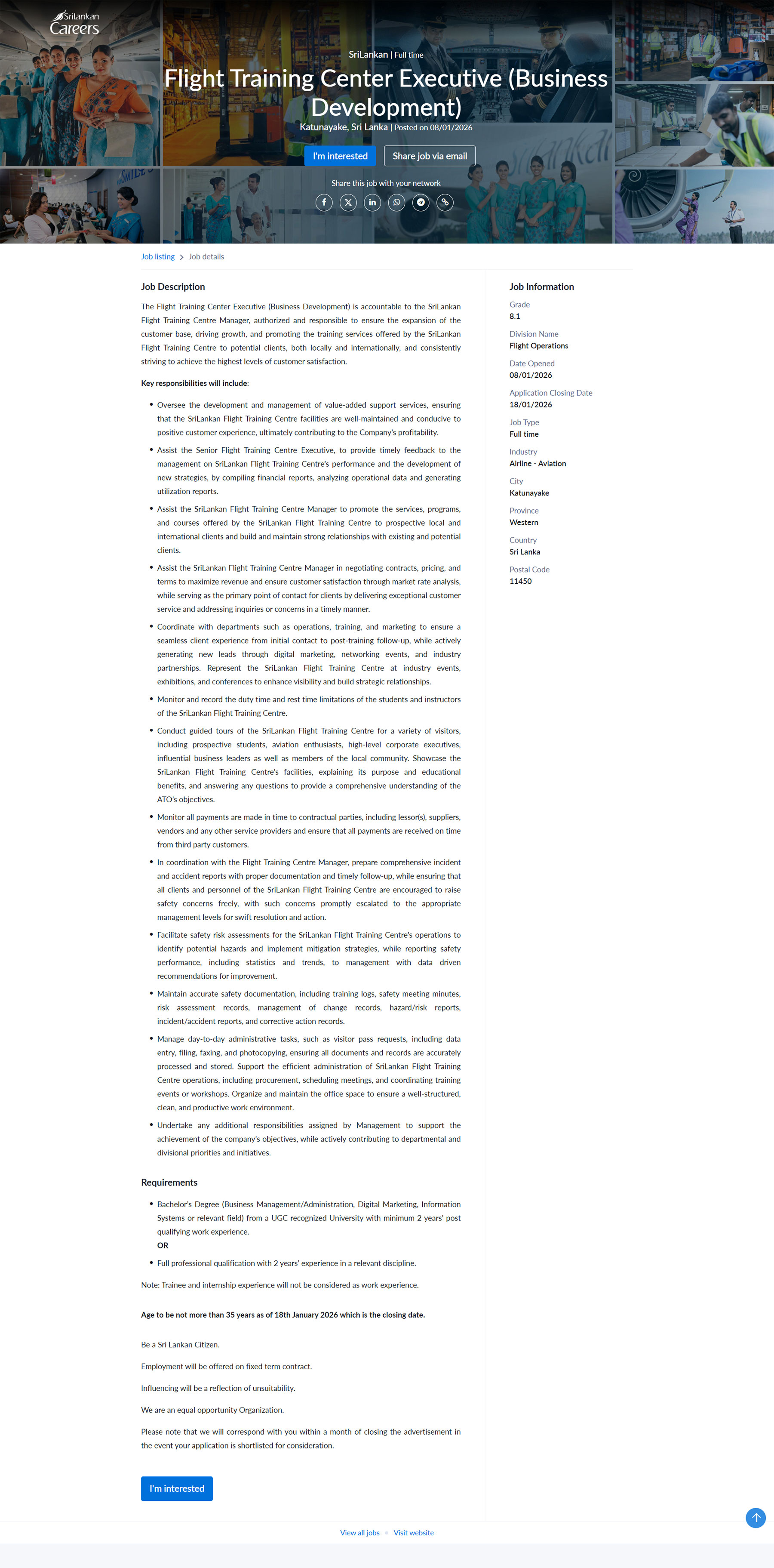 Flight Training Center Executive (Business Development) - SriLankan Airlines Limited