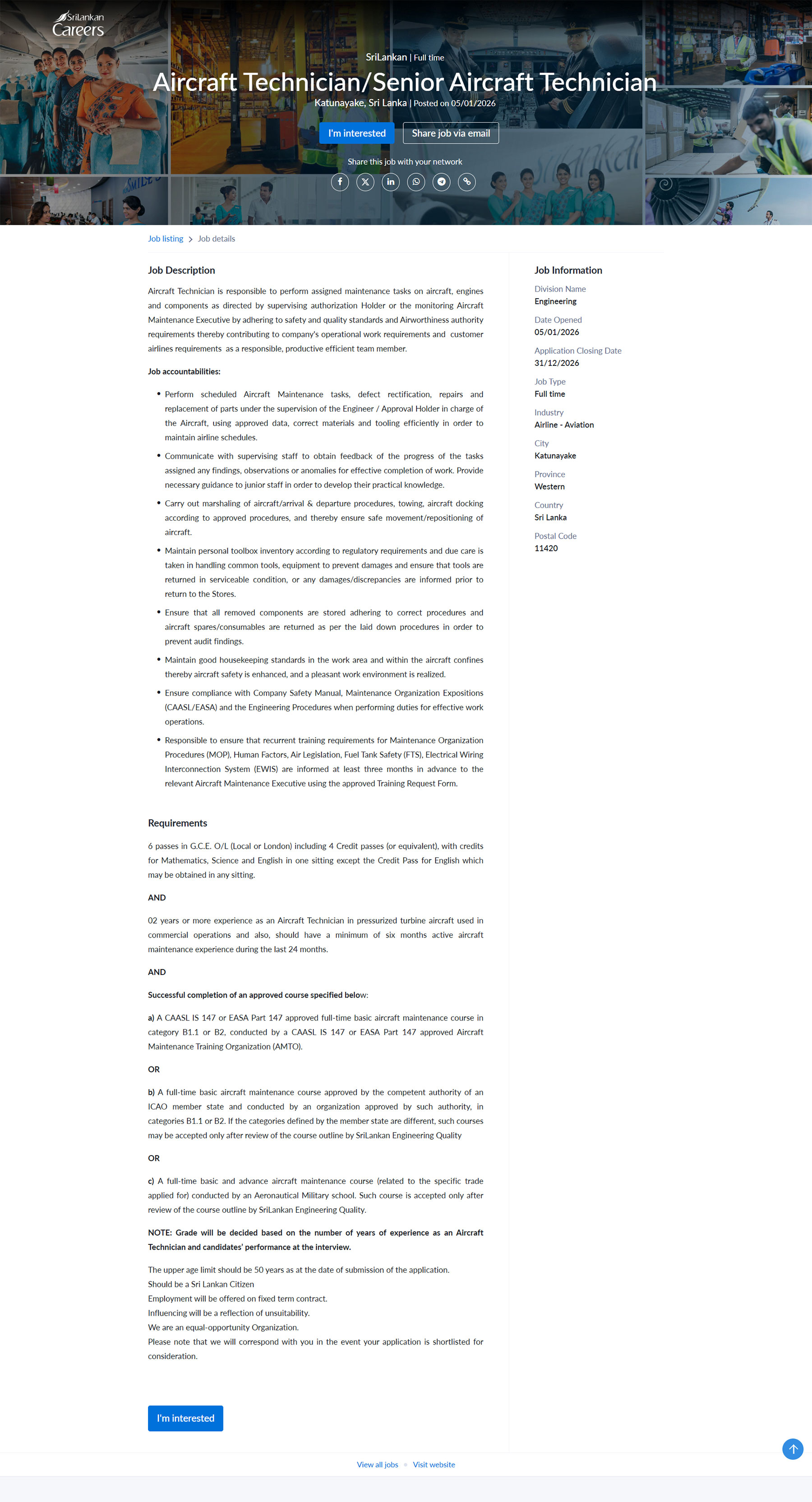 Aircraft Technician/Senior Aircraft Technician - SriLankan Airlines Limited